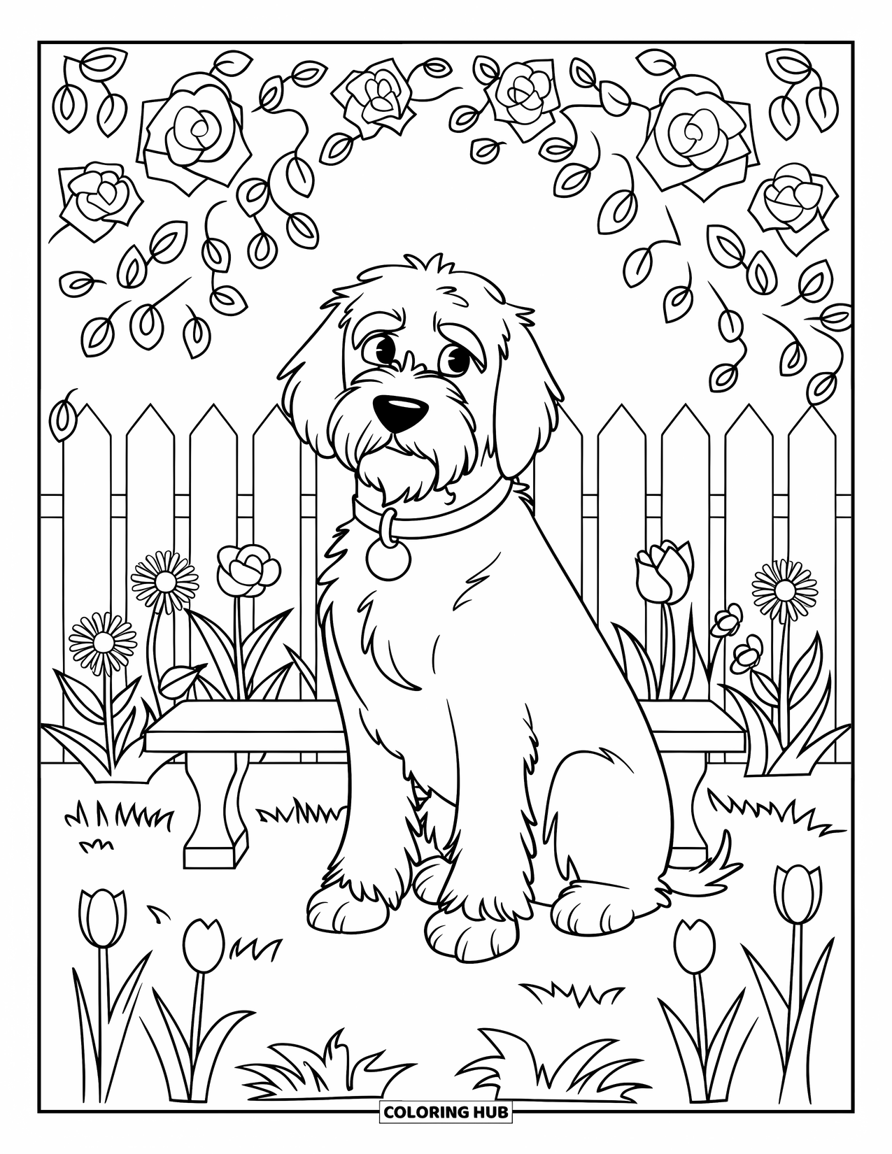 Labradoodle Coloring Page for Kids: Labradoodle sitting in a garden on a stone bench with flowers