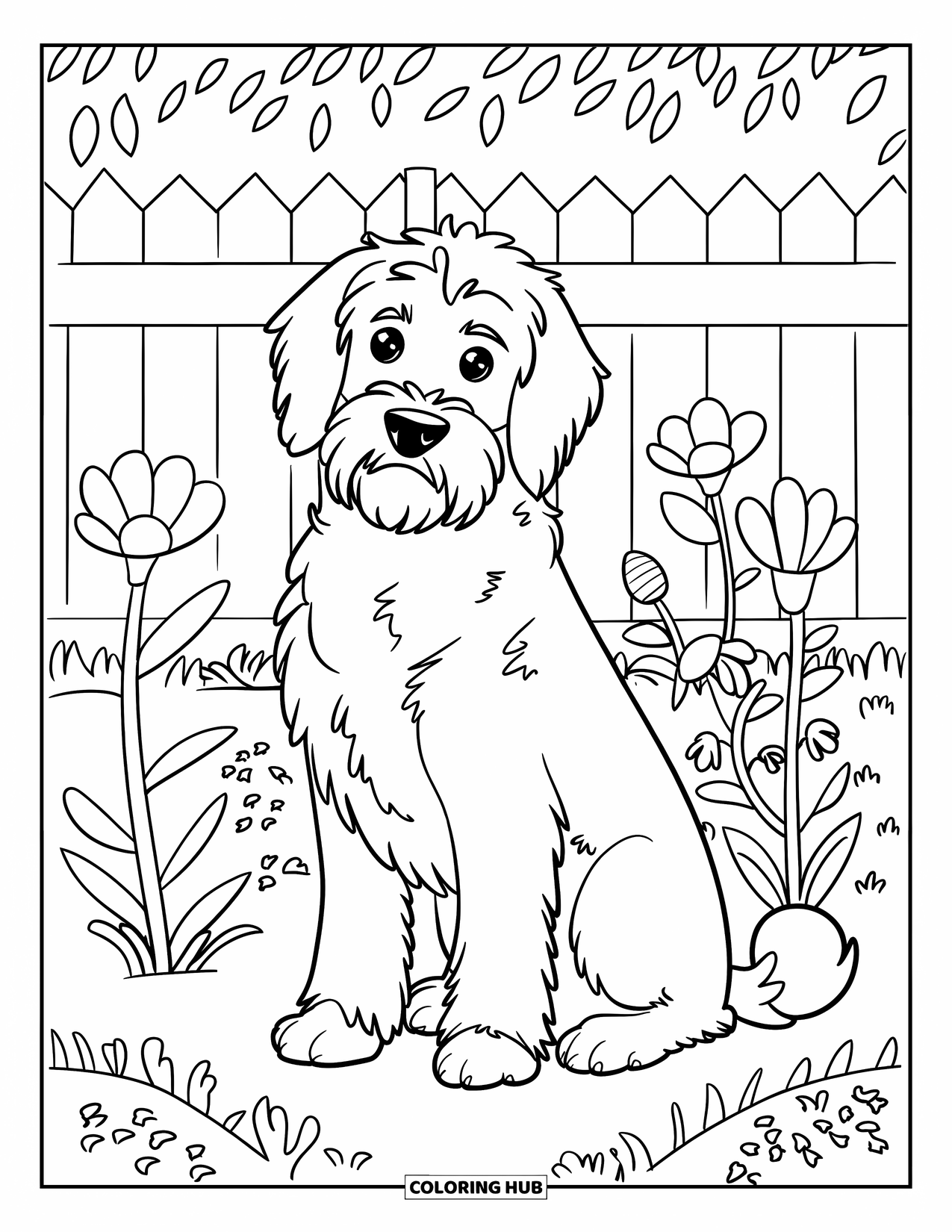 Labradoodle Coloring Page for Kids: Labradoodle sitting in a garden with flowers by a white fence