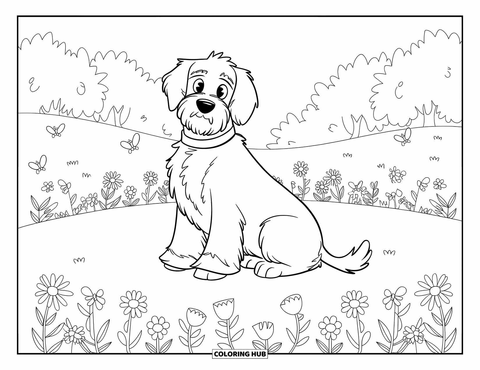 Labradoodle Coloring Page for Kids: Labradoodle sitting in a meadow with flowers, butterflies, and bees