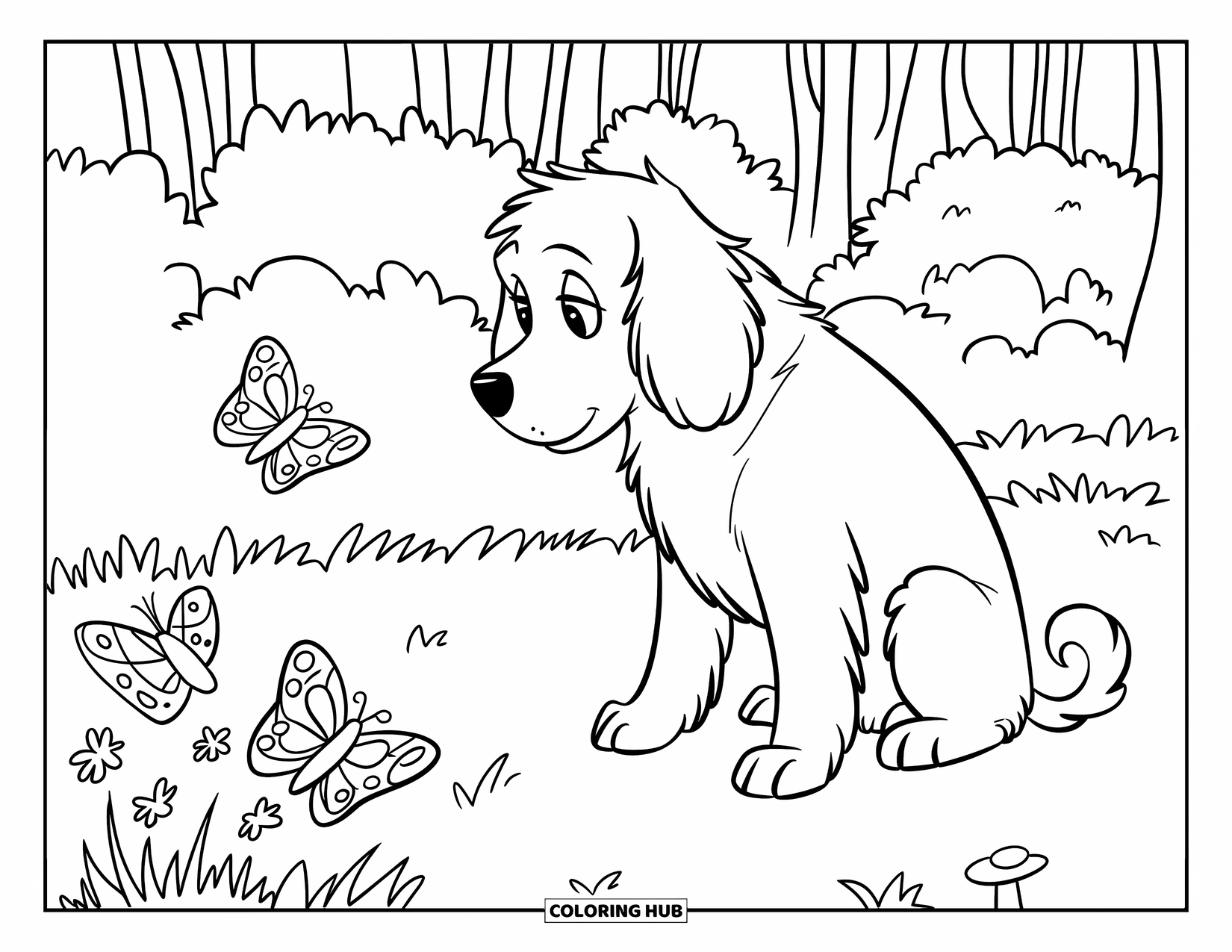 Labradoodle Coloring Page for Kids: Labradoodle sitting in grass surrounded by butterflies and flowers
