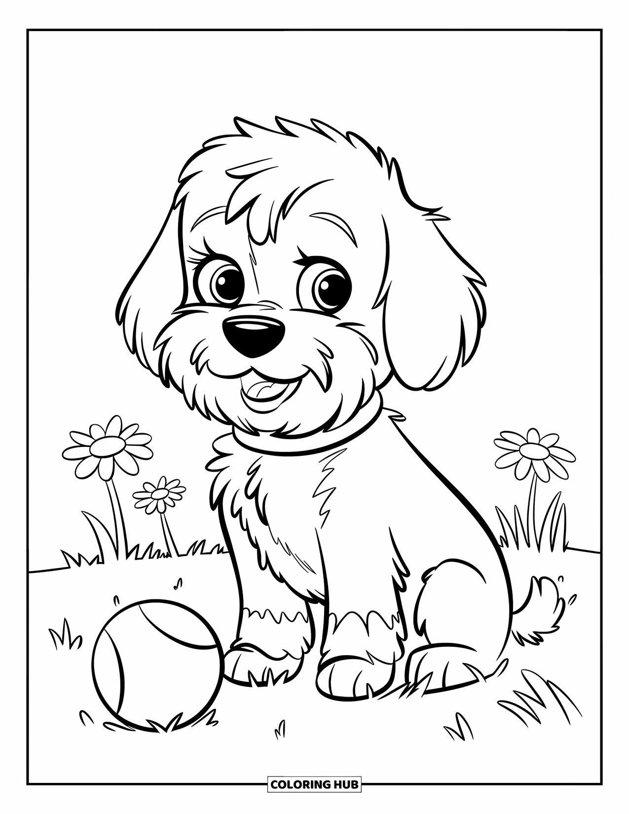 Labradoodle Coloring Page for Kids: Labradoodle sitting in grass with a ball and daisies
