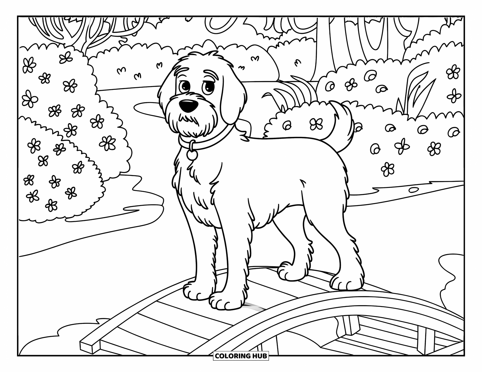 Labradoodle Coloring Page for Kids: Labradoodle standing on a garden bridge with plants around