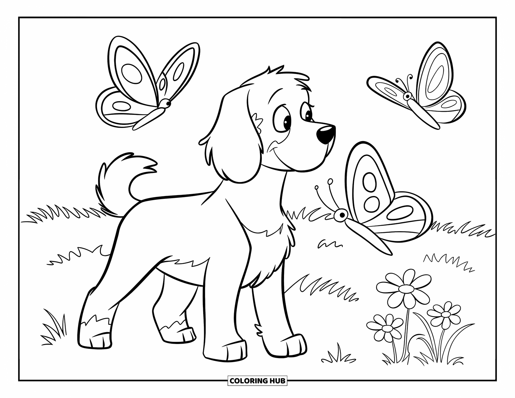 Labradoodle Coloring Page for Kids: Labradoodle watching butterflies while standing on a grassy field