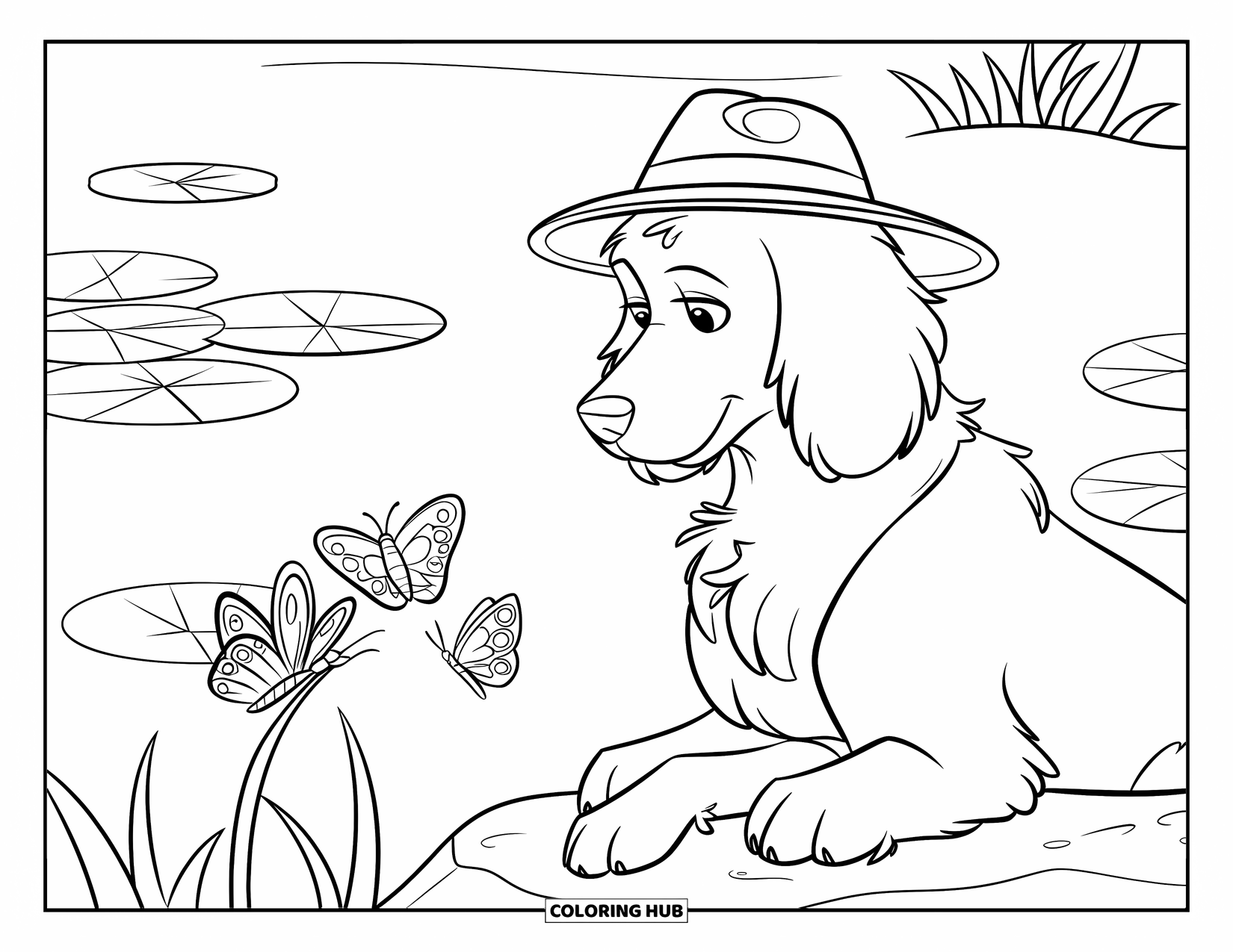Labradoodle Coloring Page for Kids: Labradoodle wearing a hat and watching butterflies by a lake