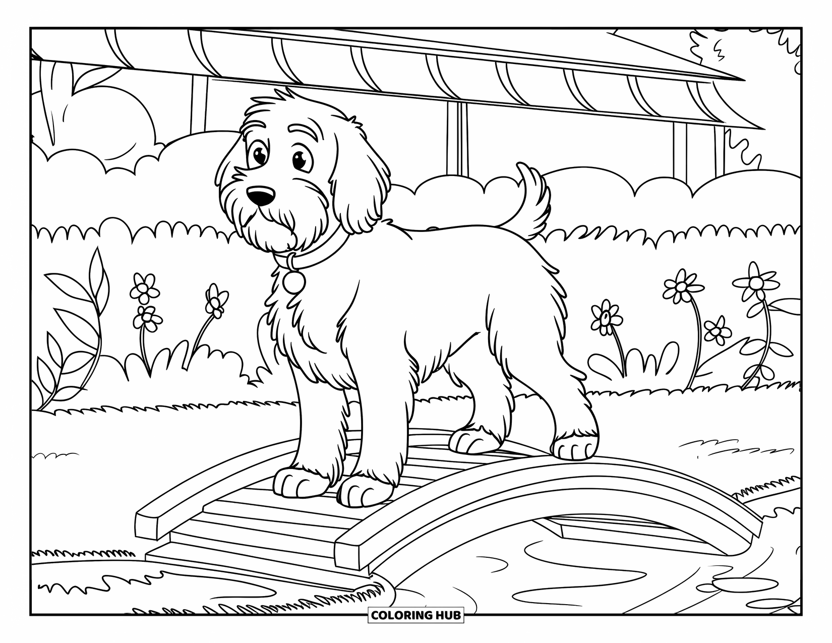Labradoodle Coloring Page for Kids: Labradoodle with floppy ears on a bridge by flowers and water