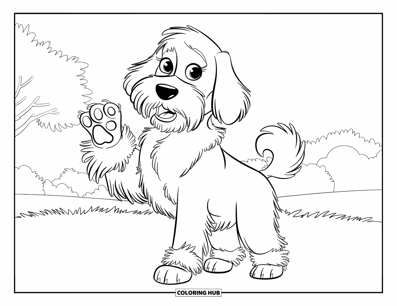 Labradoodle Coloring Page for Kids: Playful Labradoodle with raised paw on a grassy field