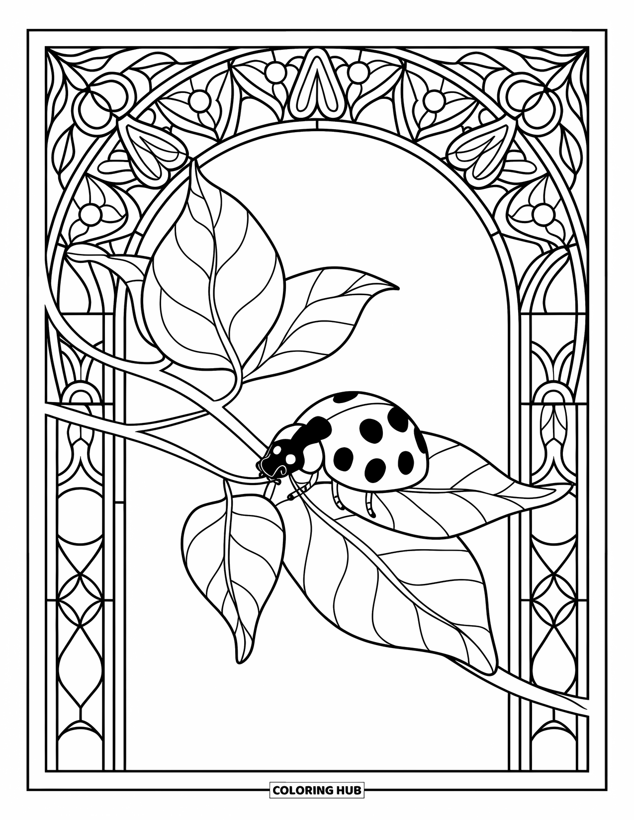 Lady Bug Coloring Page for Adults: A ladybug rests on a branch framed by intricate stained glass patterns