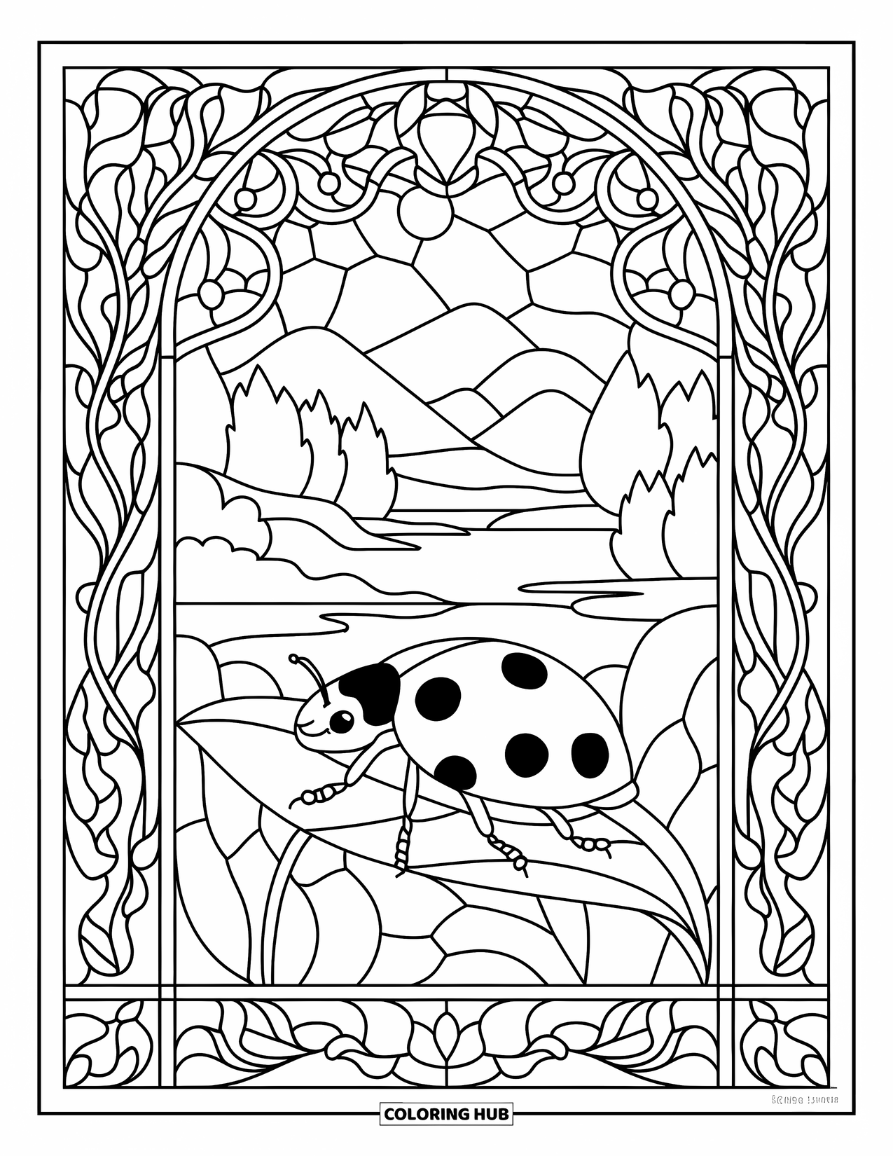 Lady Bug Coloring Page for Adults: A ladybug rests on a leaf framed by an ornate stained glass window