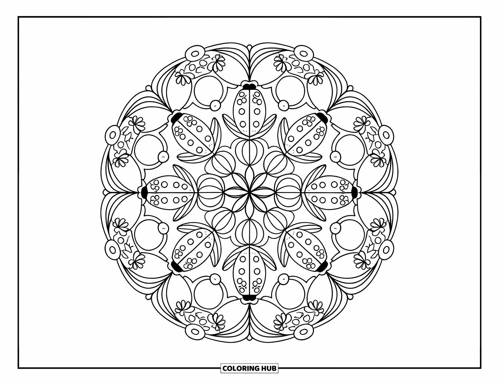 Lady Bug Coloring Page for Adults: Intricate ladybugs and vines weave into a symmetrical mandala design