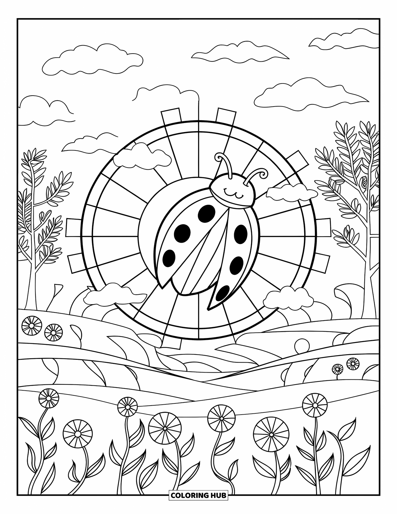 Lady Bug Coloring Page for Adults: Ladybug flies above a field of flowers through stained glass sun rays and clouds