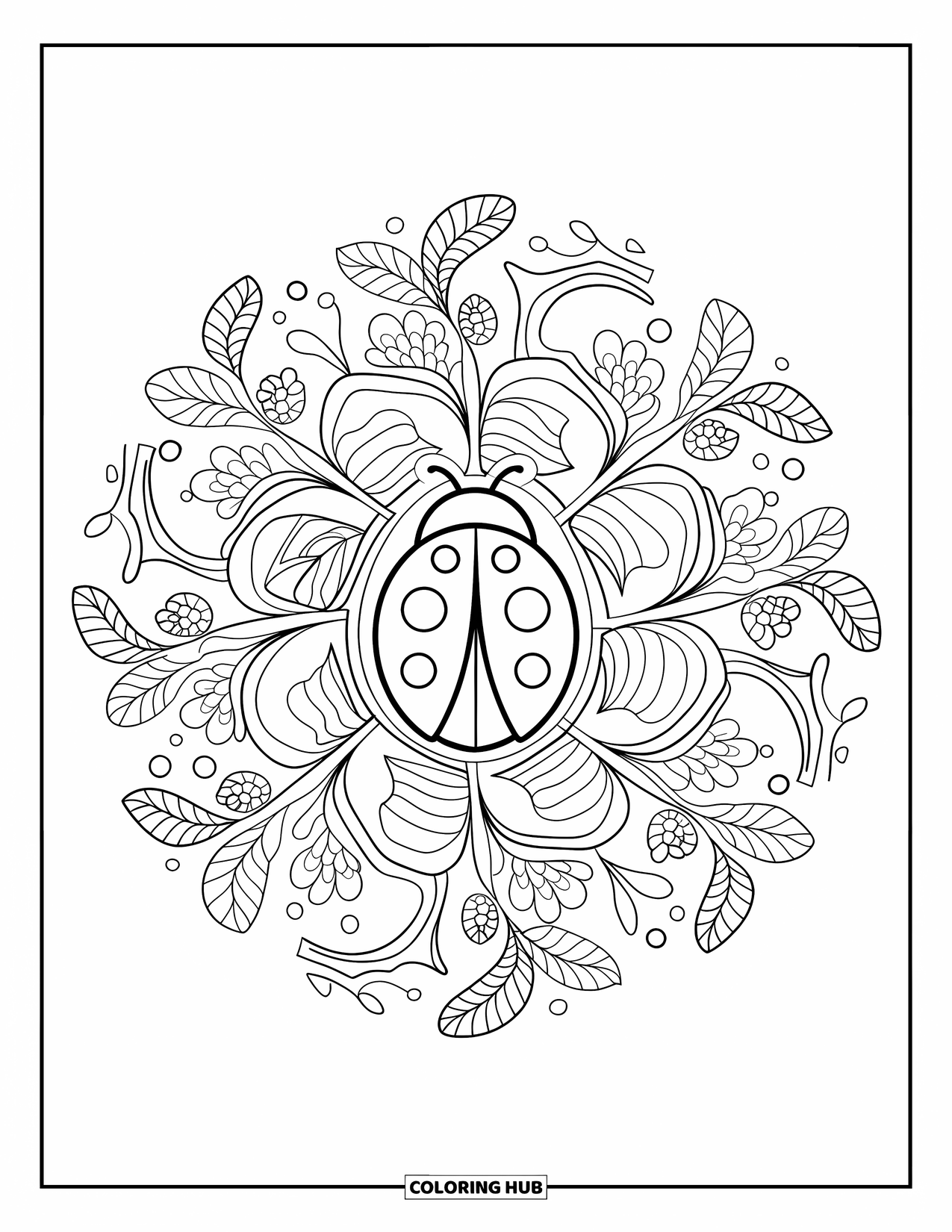 Lady Bug Coloring Page for Adults: Ladybug is centered in a mandala of leaves, flowers, and round dotted accents