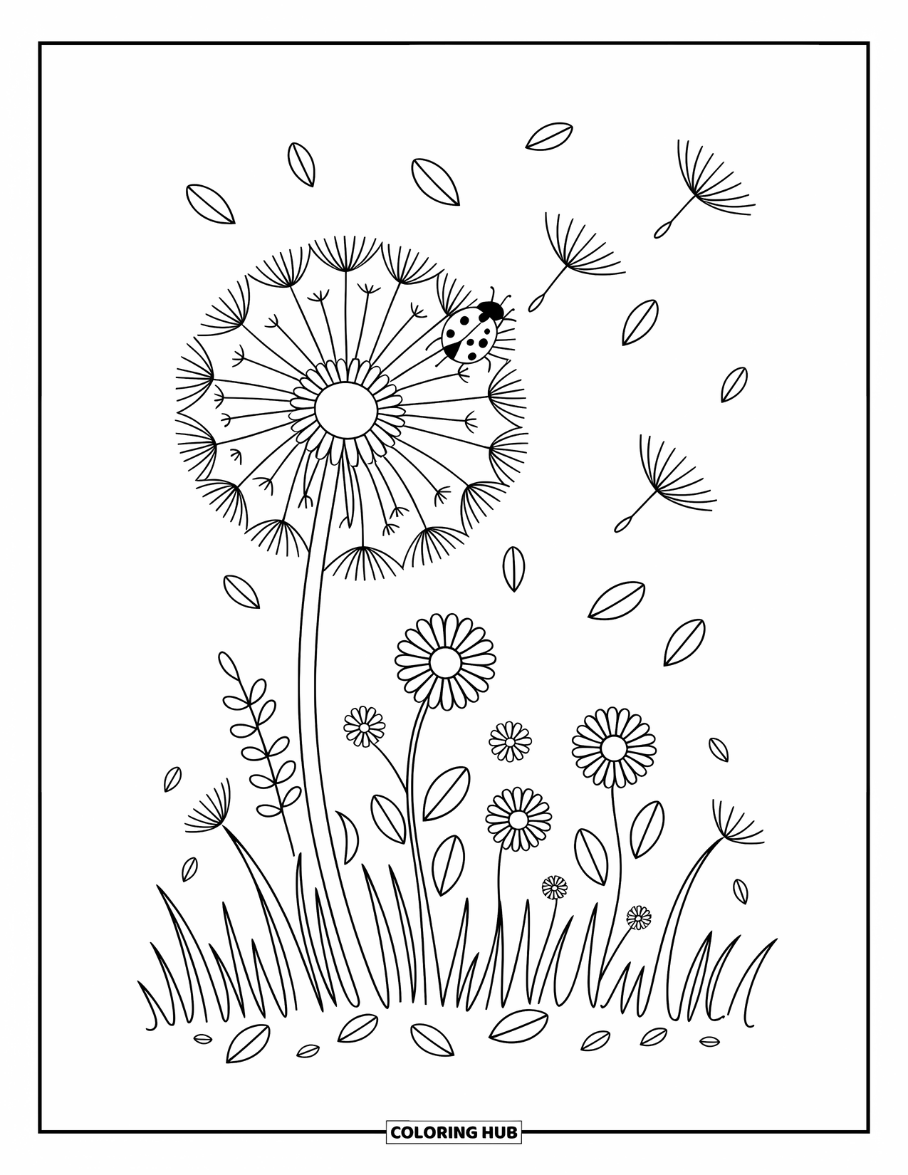 Lady Bug Coloring Page for Adults: Ladybug on a dandelion stem watches seeds float past flowers and curled grass blades