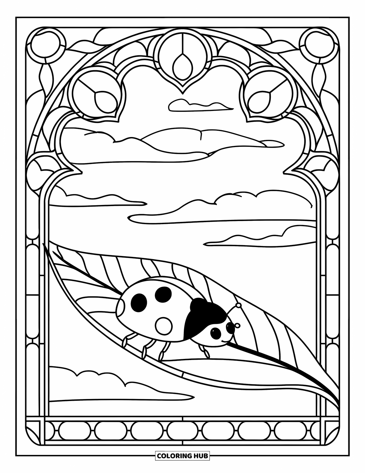 Lady Bug Coloring Page for Adults: Ladybug on a leaf is framed by a stained glass window with clouds above