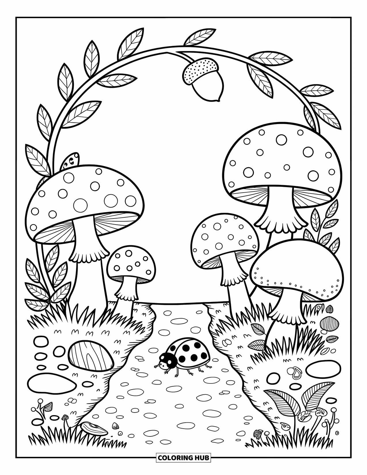 Lady Bug Coloring Page for Adults: Ladybug passes under mushrooms and an acorn arch in a cozy woodland path
