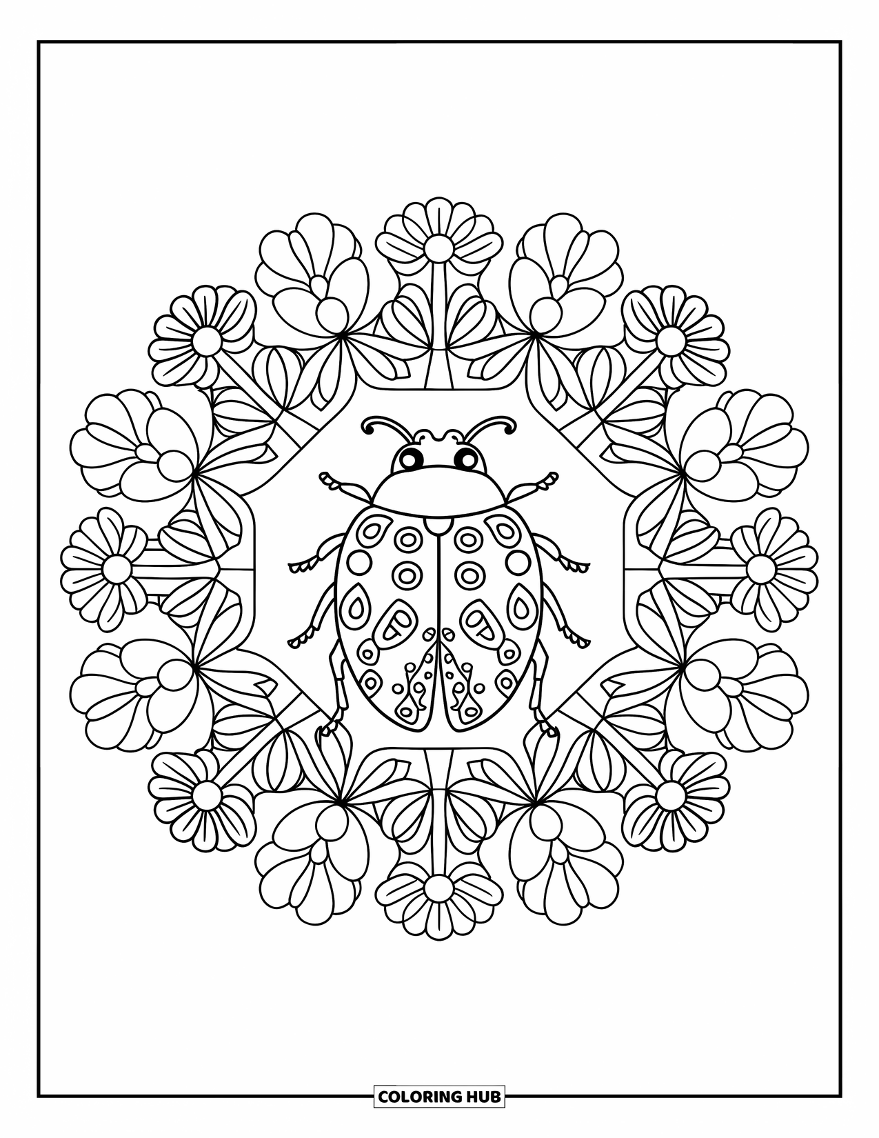 Lady Bug Coloring Page for Adults: Ladybug rests at the center of a botanical mandala filled with flowers