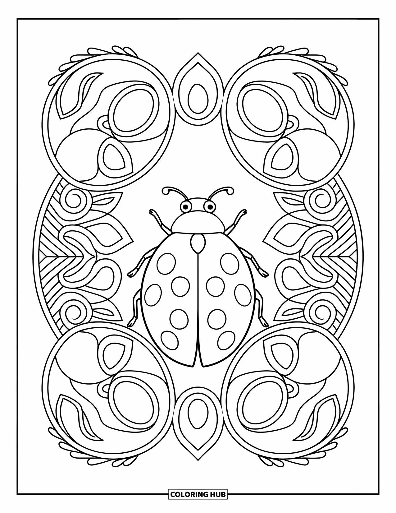Lady Bug Coloring Page for Adults: Ladybug rests on a leaf in a floral layout filled with vines and swirling details