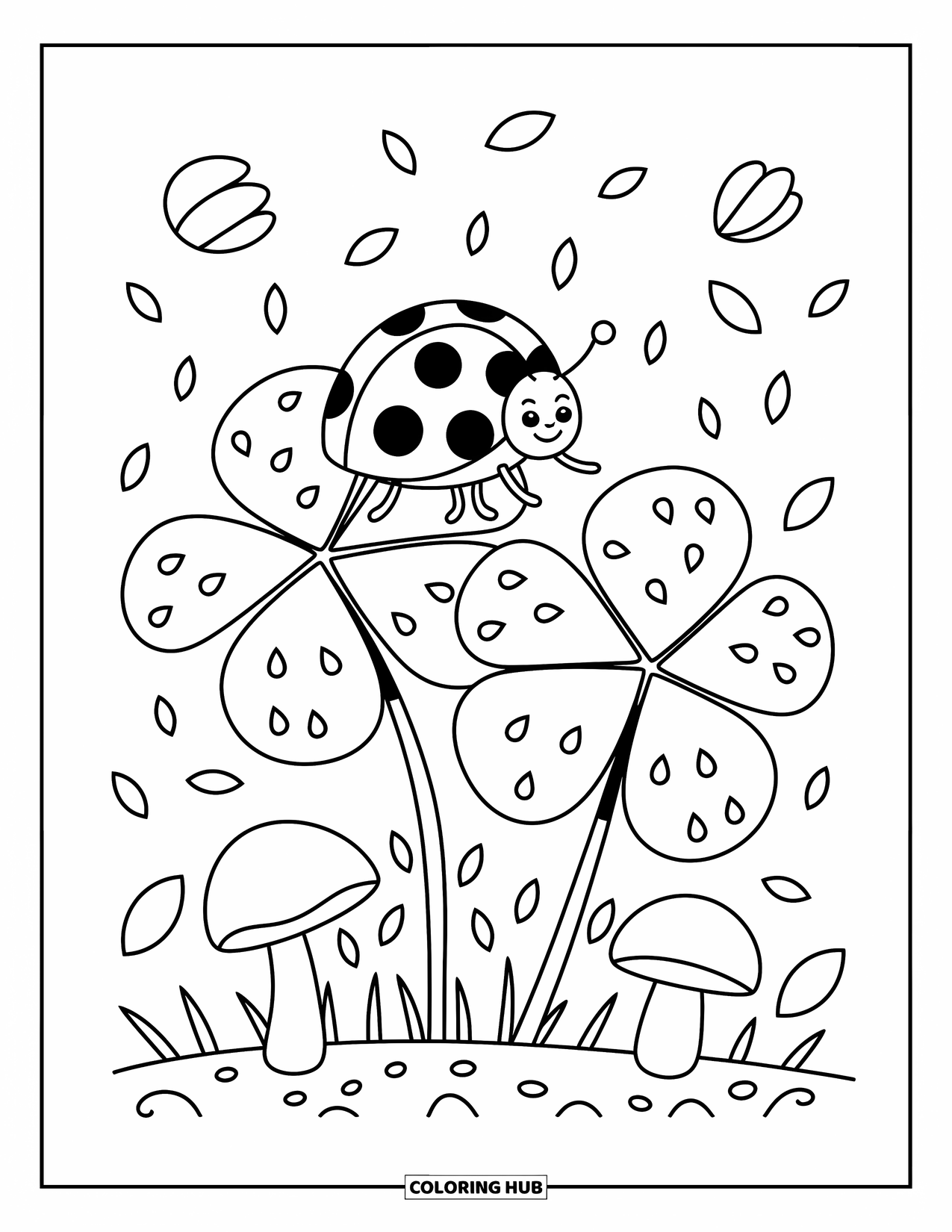 Lady Bug Coloring Page for Adults: Ladybug rests on three big clover leaves dotted with shimmering dewdrops