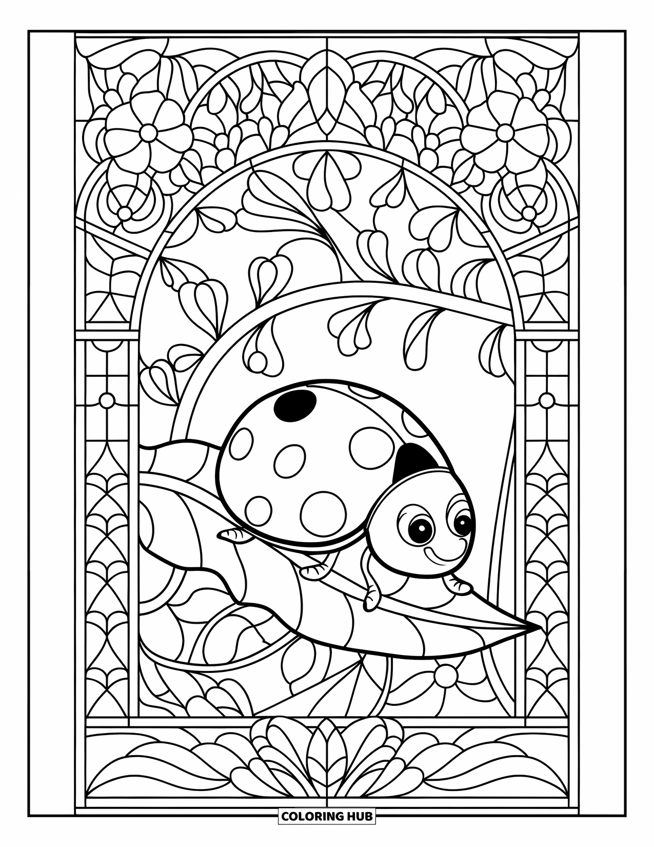 Lady Bug Coloring Page for Adults: Ladybug sits on a leaf surrounded by stained glass flowers and vines