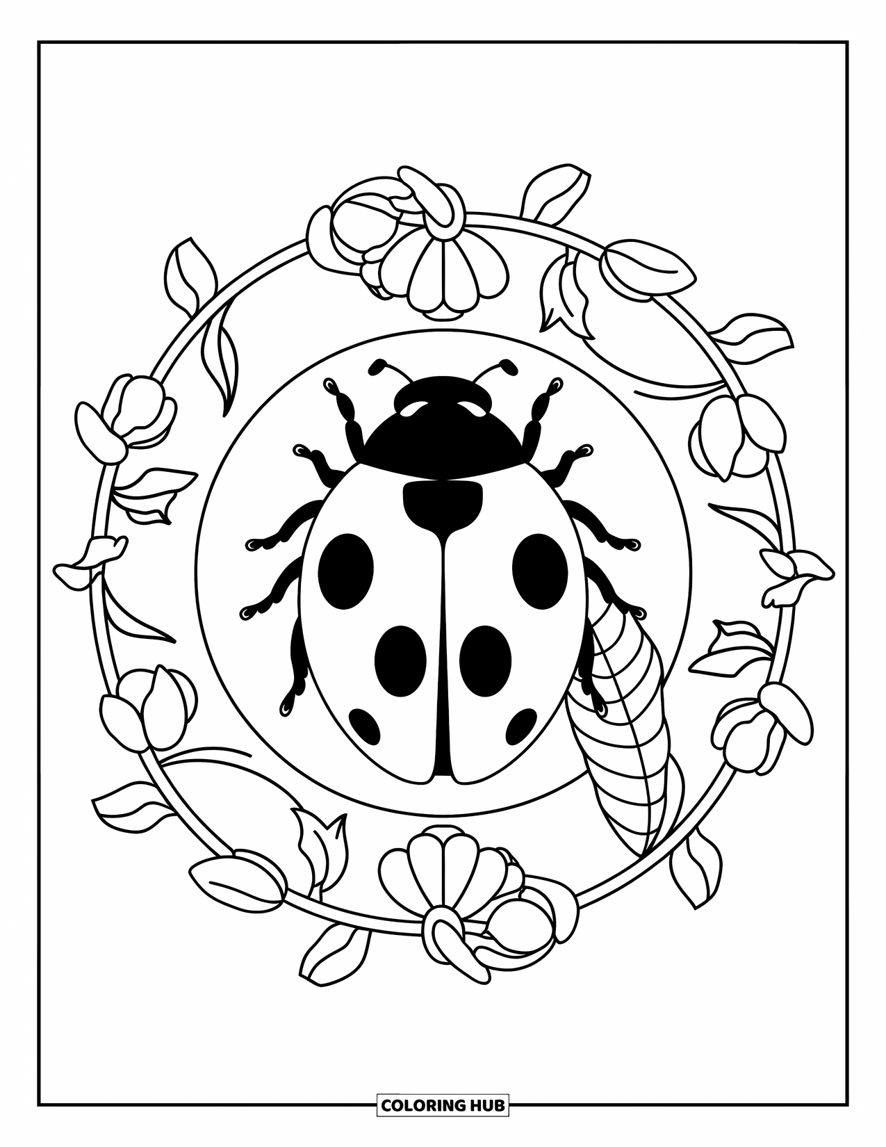 Lady Bug Coloring Page for Adults: Ladybug sits on a leaf with vines and petals arranged in a circular pattern