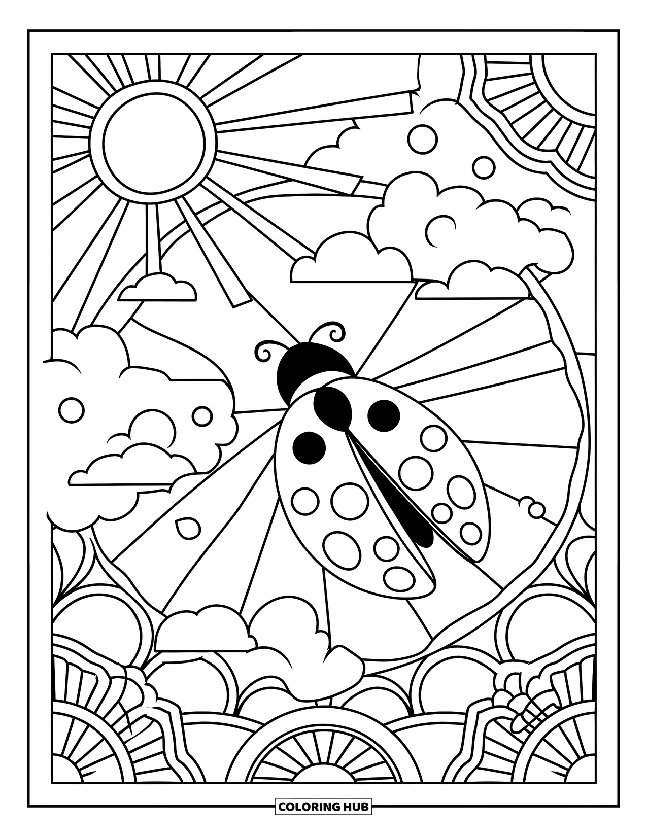 Lady Bug Coloring Page for Adults: Ladybug soars through stained glass rays and swirling clouds in a detailed scene