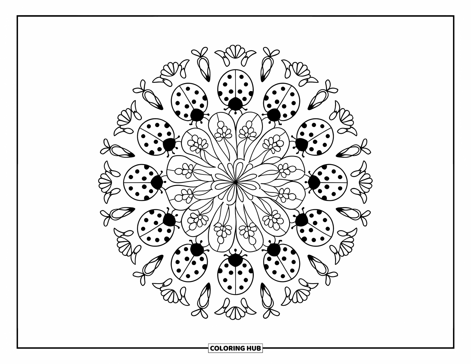 Lady Bug Coloring Page for Adults: Ladybugs and floral vines twist into a seamless, detailed mandala