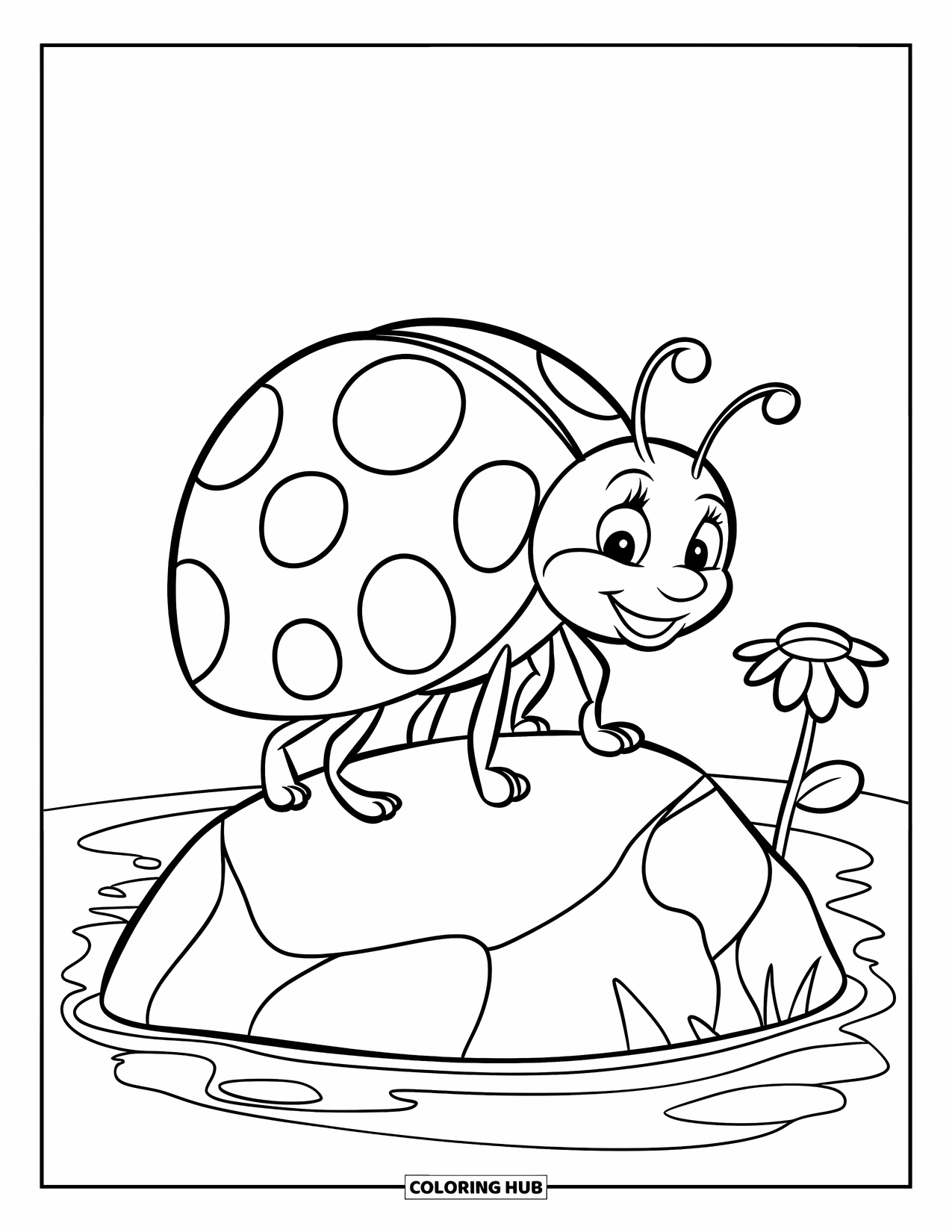 Lady Bug Coloring Page for Kids: A big ladybug walks across a rock with a flower nearby