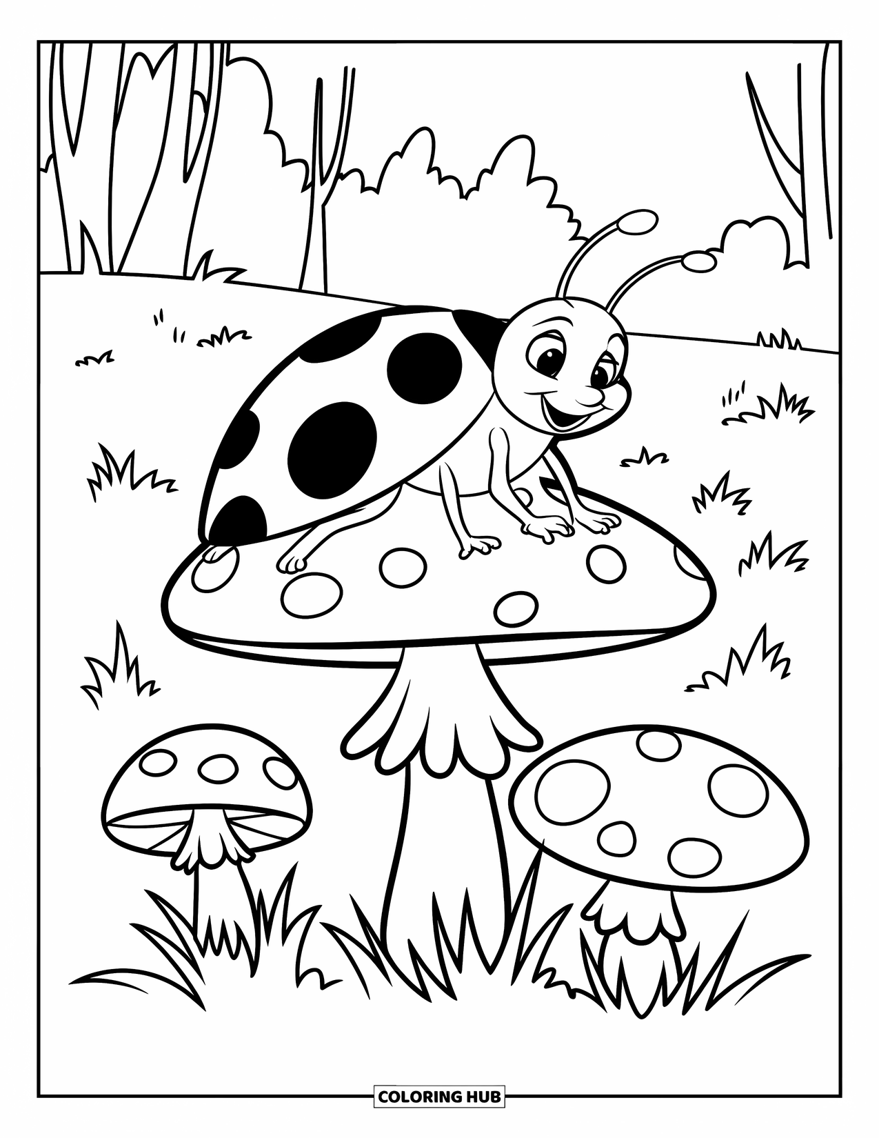 Lady Bug Coloring Page for Kids: A large ladybug relaxes on a mushroom in a grassy field
