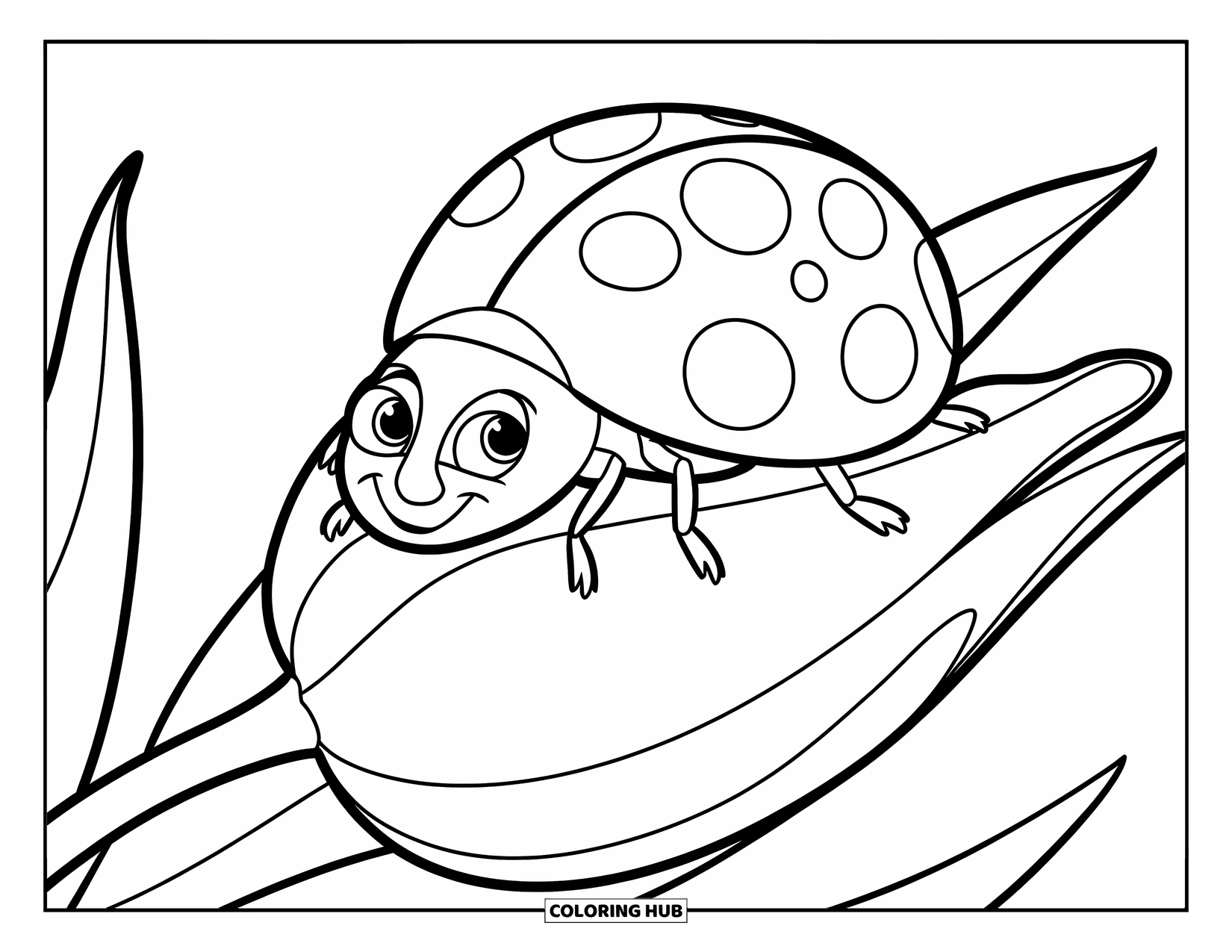 Lady Bug Coloring Page for Kids: A round ladybug rests on a tall tulip with smooth petals