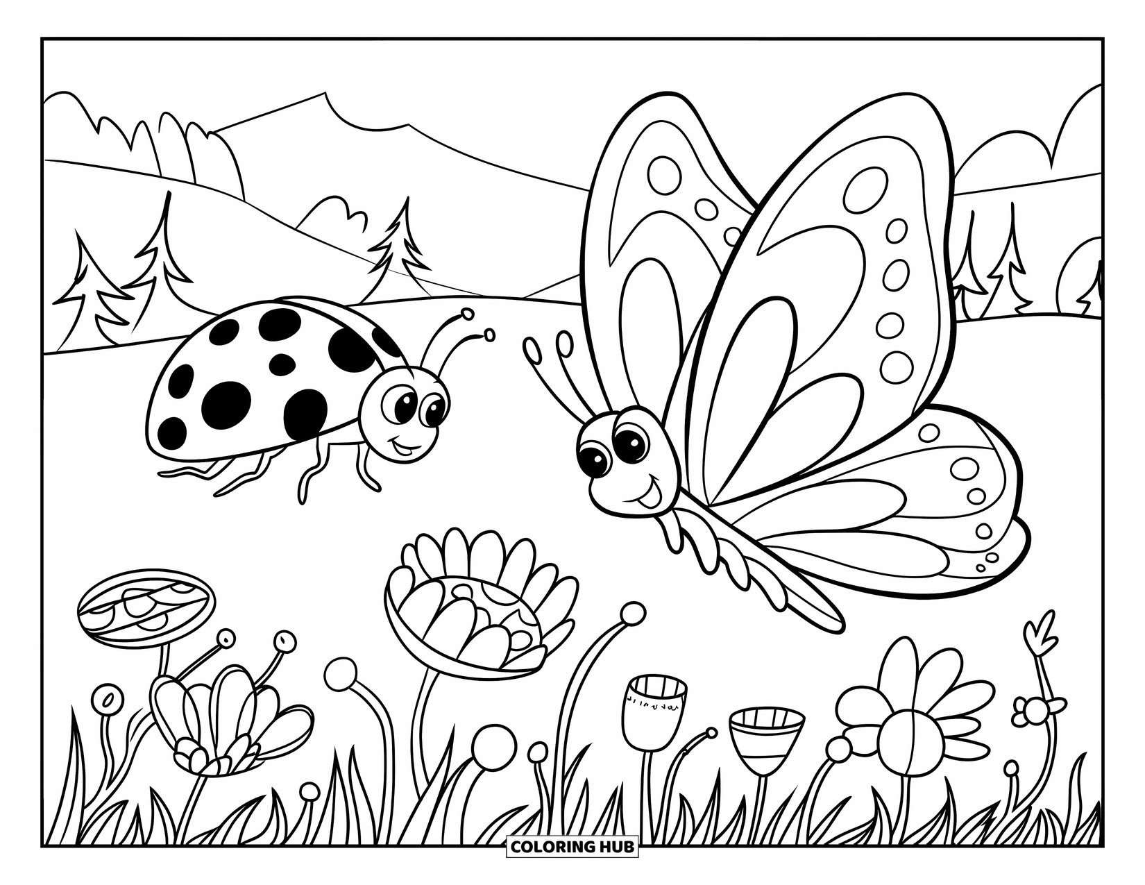 Lady Bug Coloring Page for Kids: Ladybug and butterfly fly over wildflowers on a peaceful day
