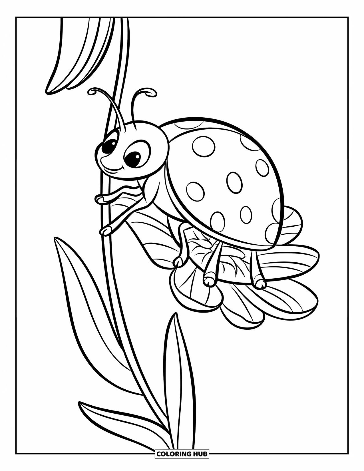Lady Bug Coloring Page for Kids: Ladybug climbs a long stem with simple leaves and a bold flower