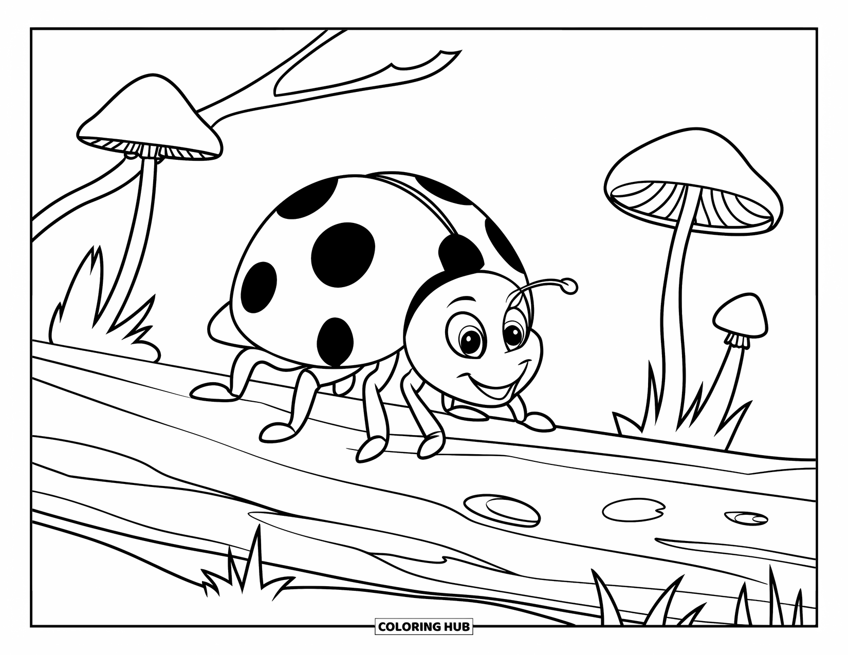 Lady Bug Coloring Page for Kids: Ladybug crawls across a mossy log surrounded by mushrooms