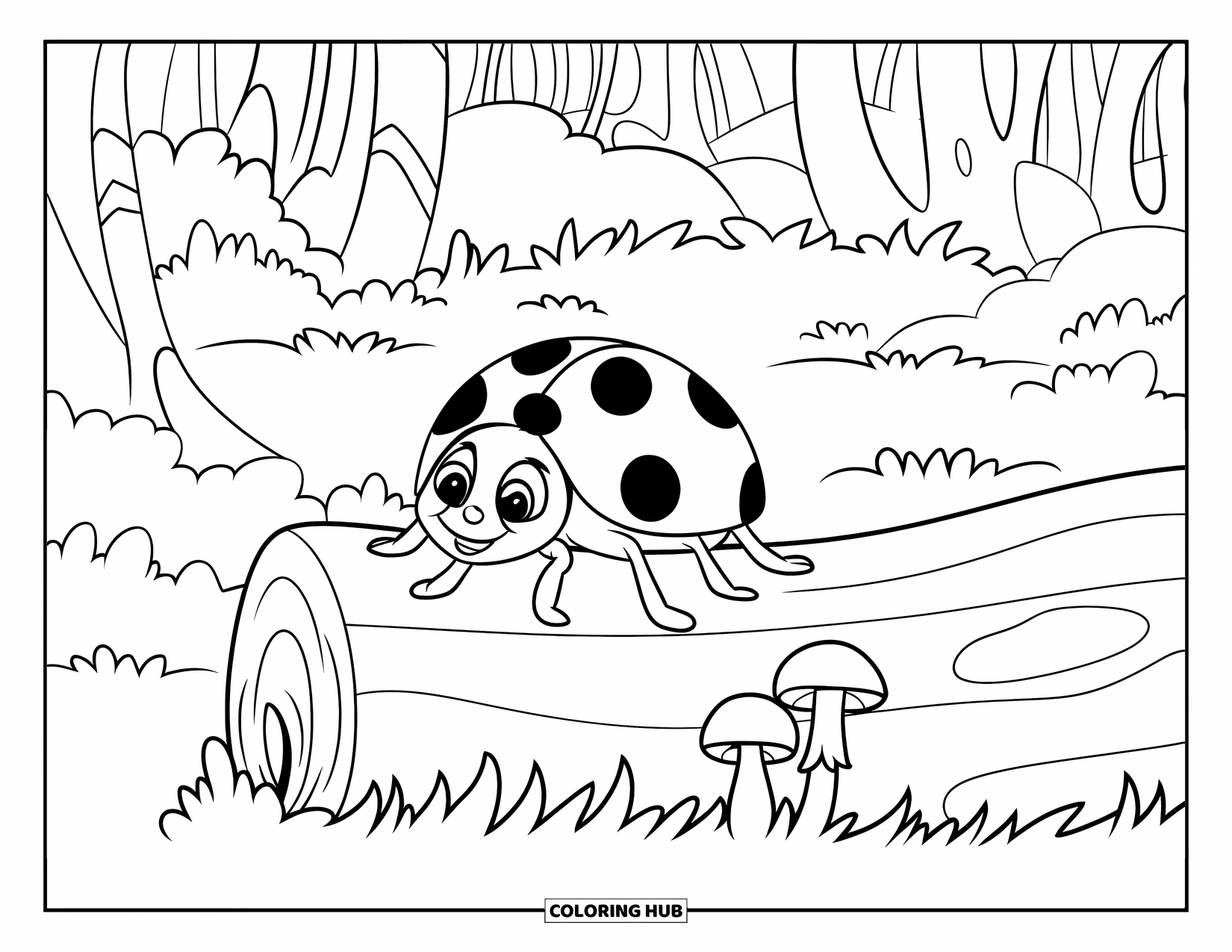 Lady Bug Coloring Page for Kids: Ladybug explores a soft log with mushrooms and forest trees