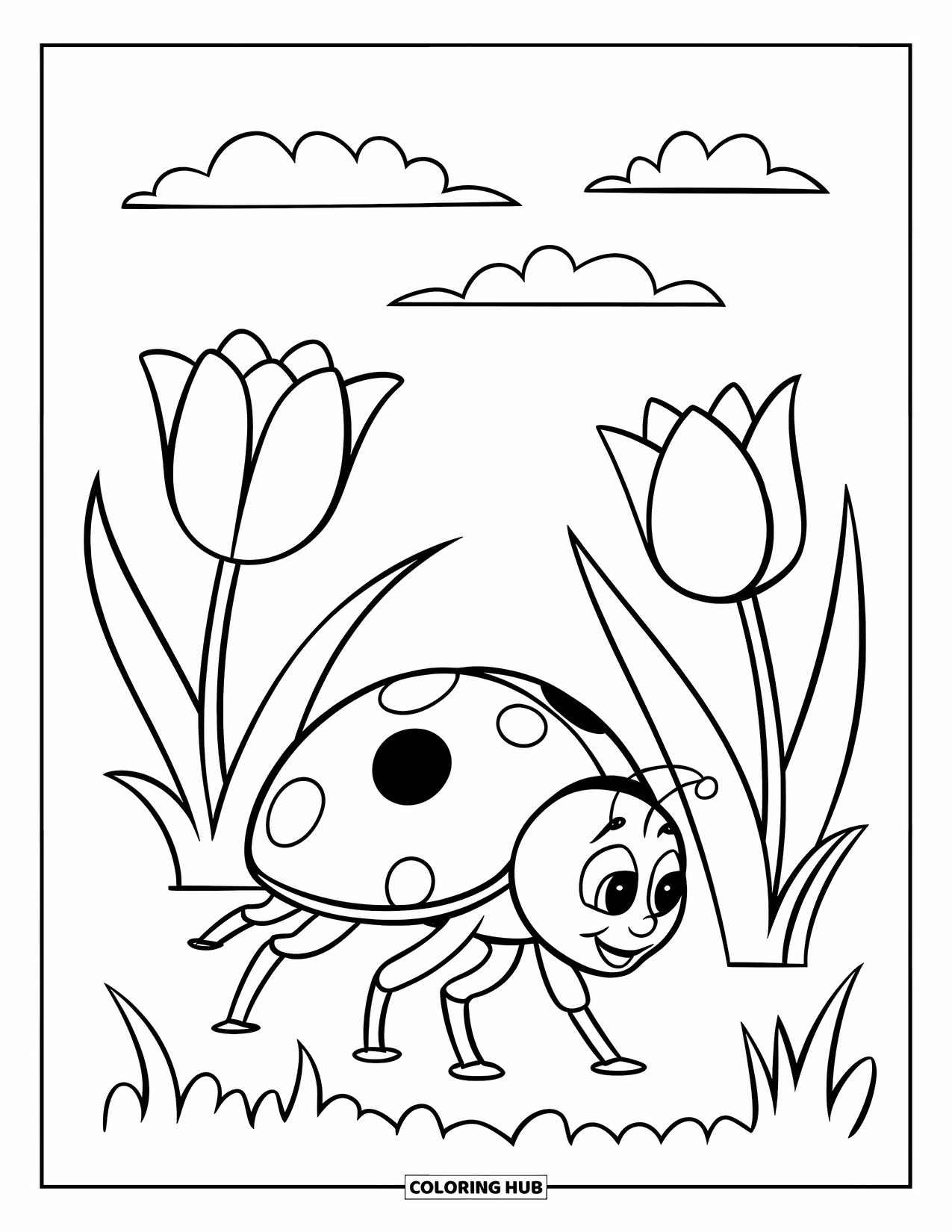 Lady Bug Coloring Page for Kids: Ladybug explores a tulip patch under soft, cloudy skies