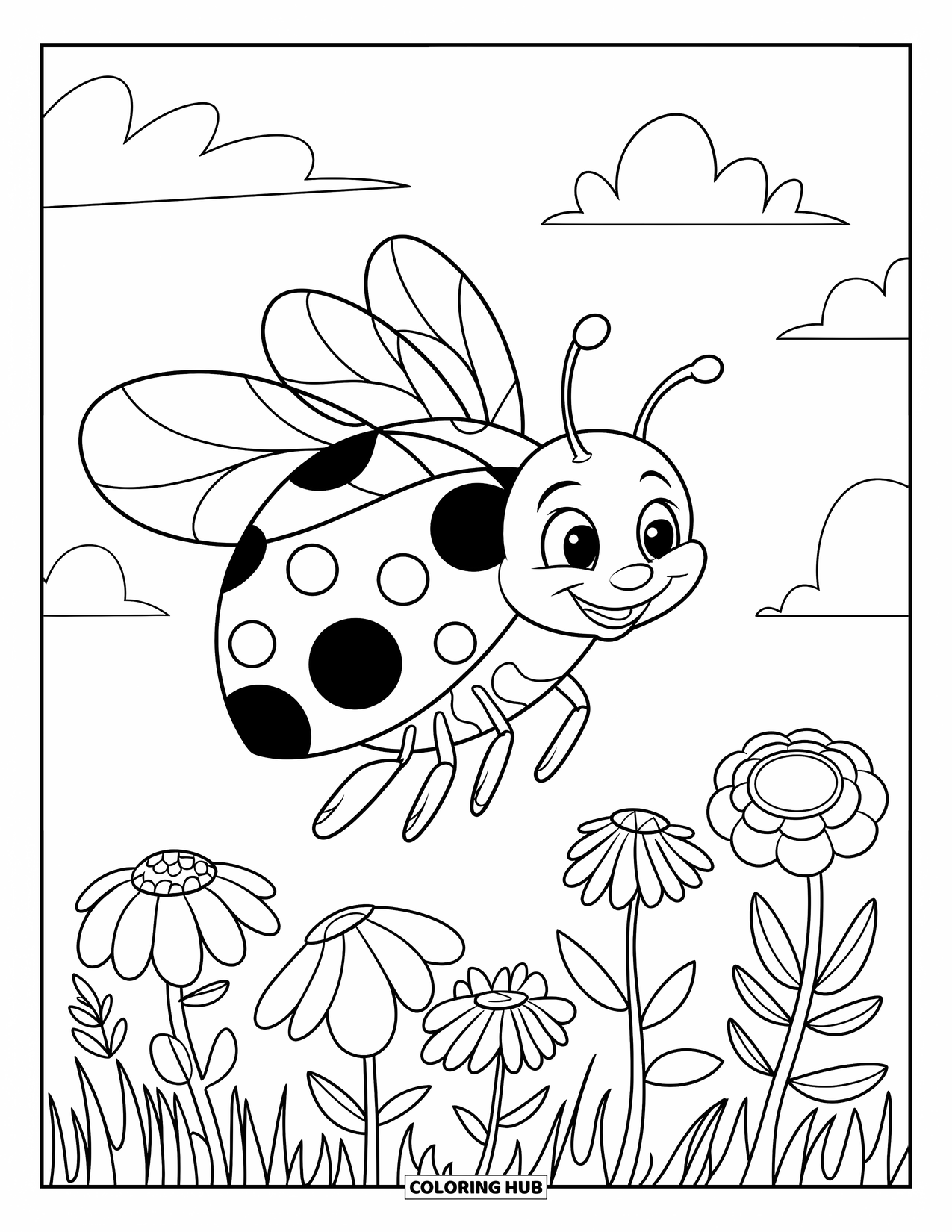 Lady Bug Coloring Page for Kids: Ladybug flies across a blooming flower garden with dotted motion trails