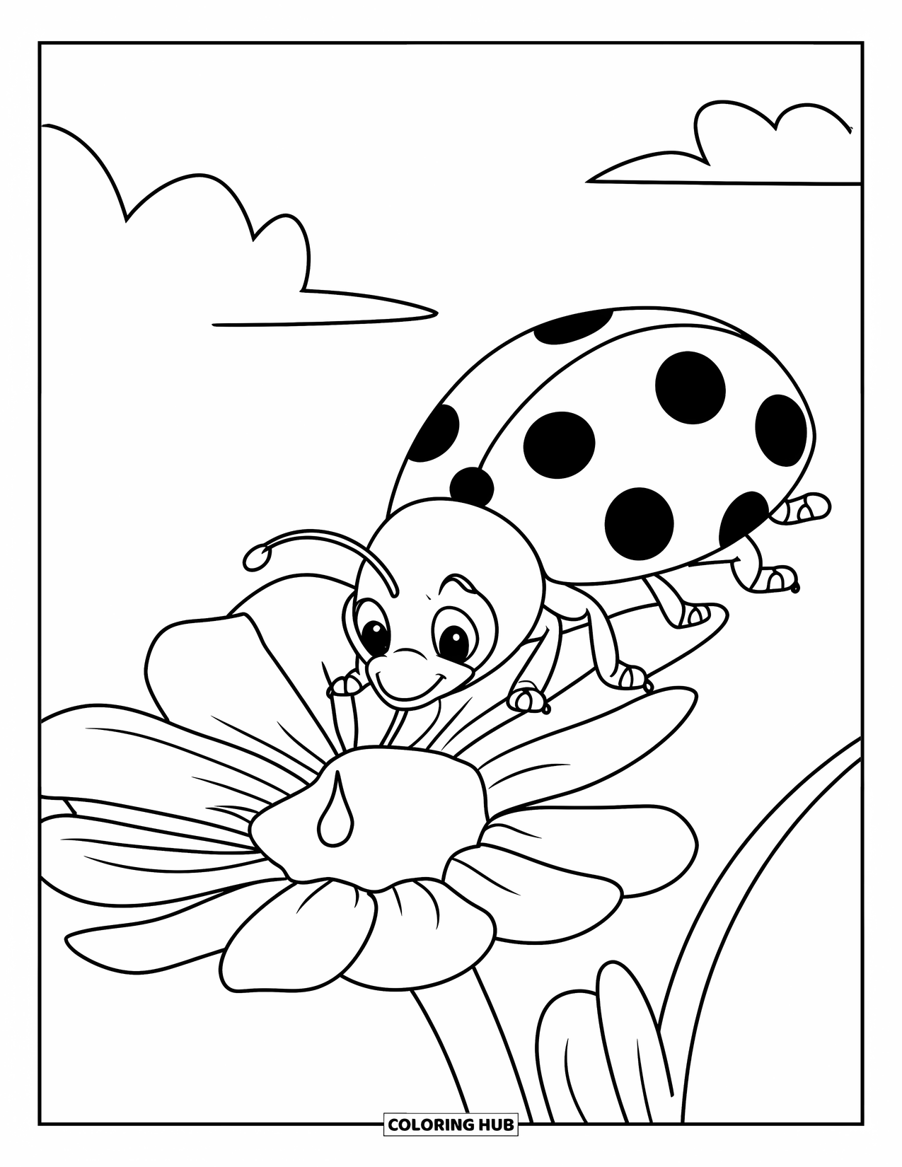 Lady Bug Coloring Page for Kids: Ladybug leans close to a flower's nectar on a sunny day