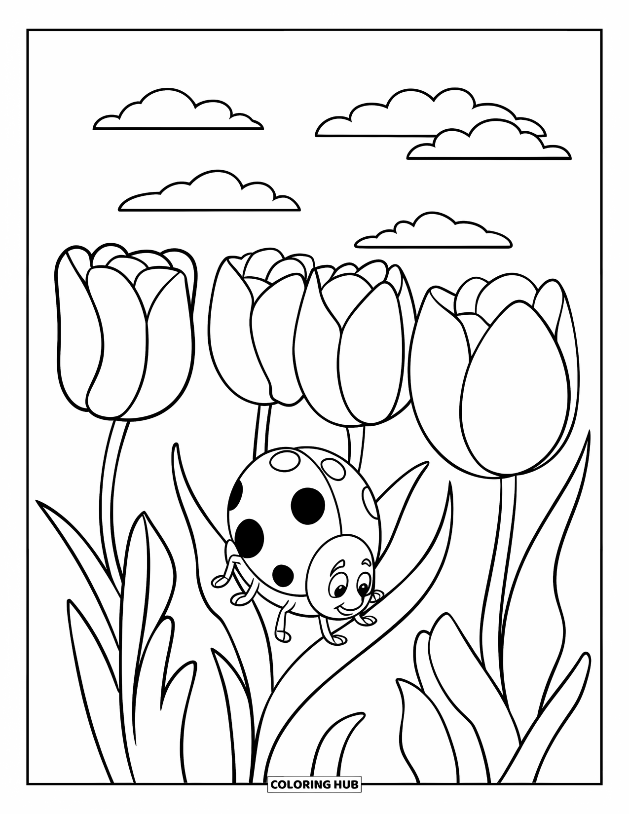 Lady Bug Coloring Page for Kids: Ladybug moves through blooming tulips with a few clouds above