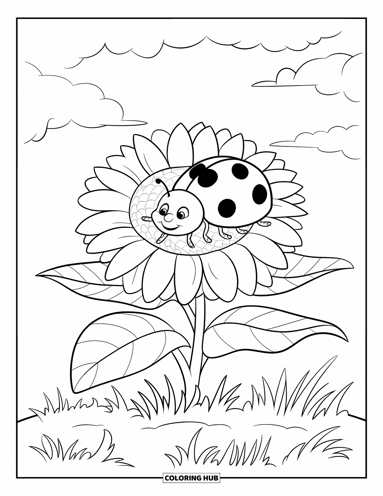 Lady Bug Coloring Page for Kids: Ladybug relaxes on a blooming sunflower beneath a sky filled with clouds