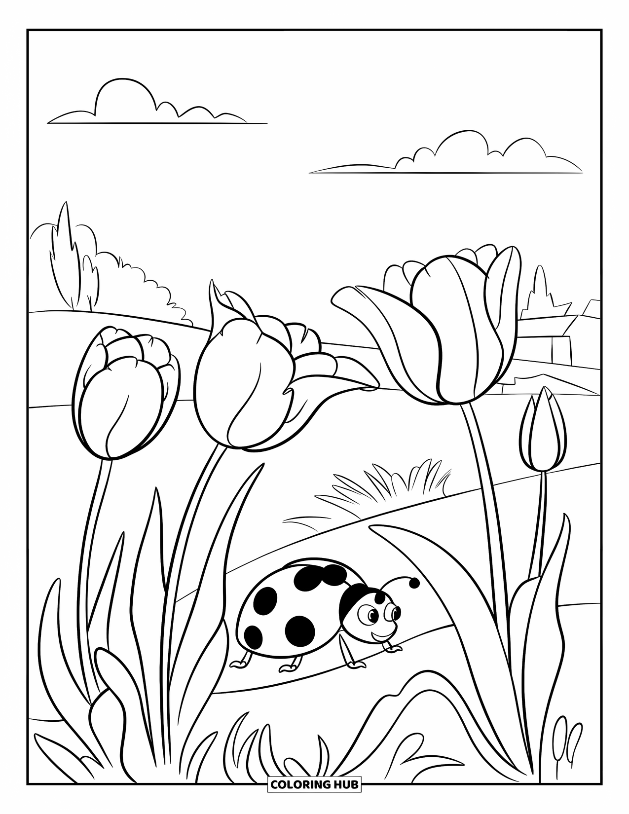 Lady Bug Coloring Page for Kids: Ladybug rests among tulips with trees and buildings in the distance