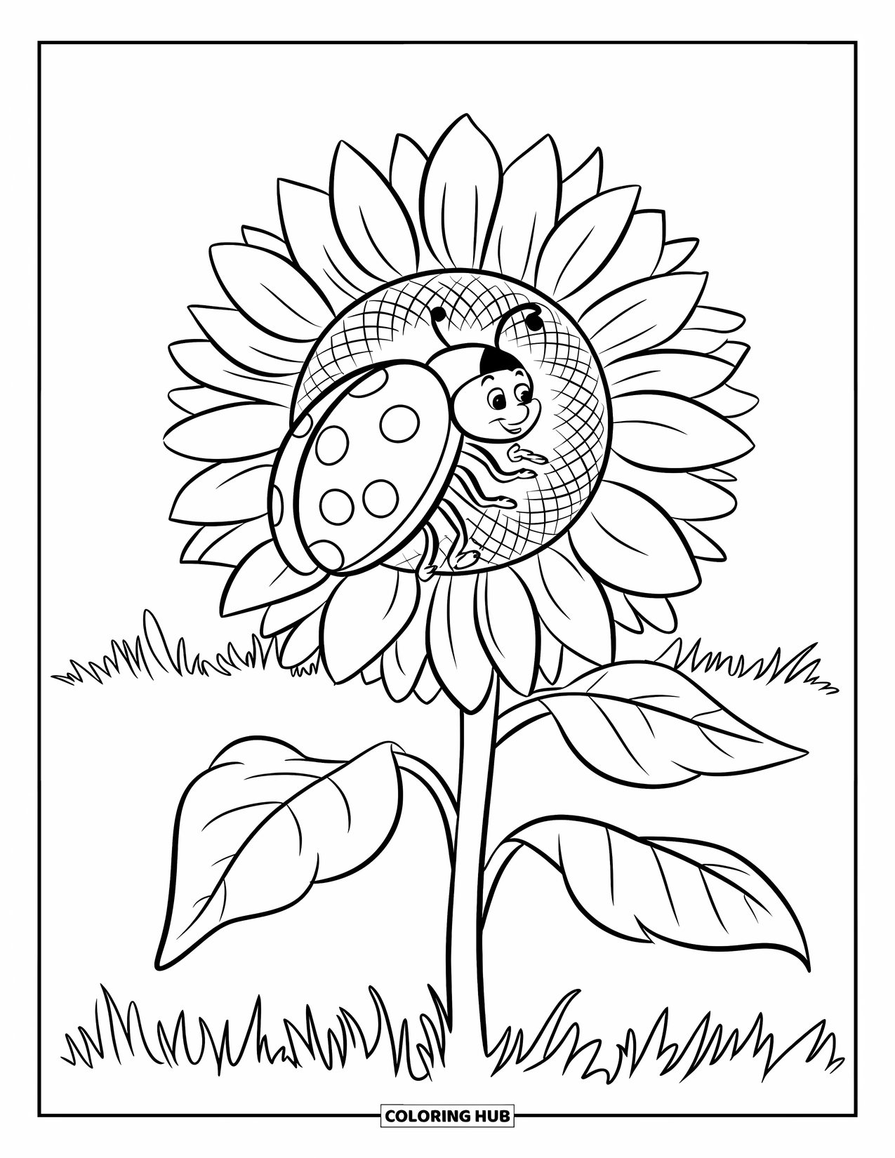 Lady Bug Coloring Page for Kids: Ladybug rests on a sunflower surrounded by leaves and soft grass