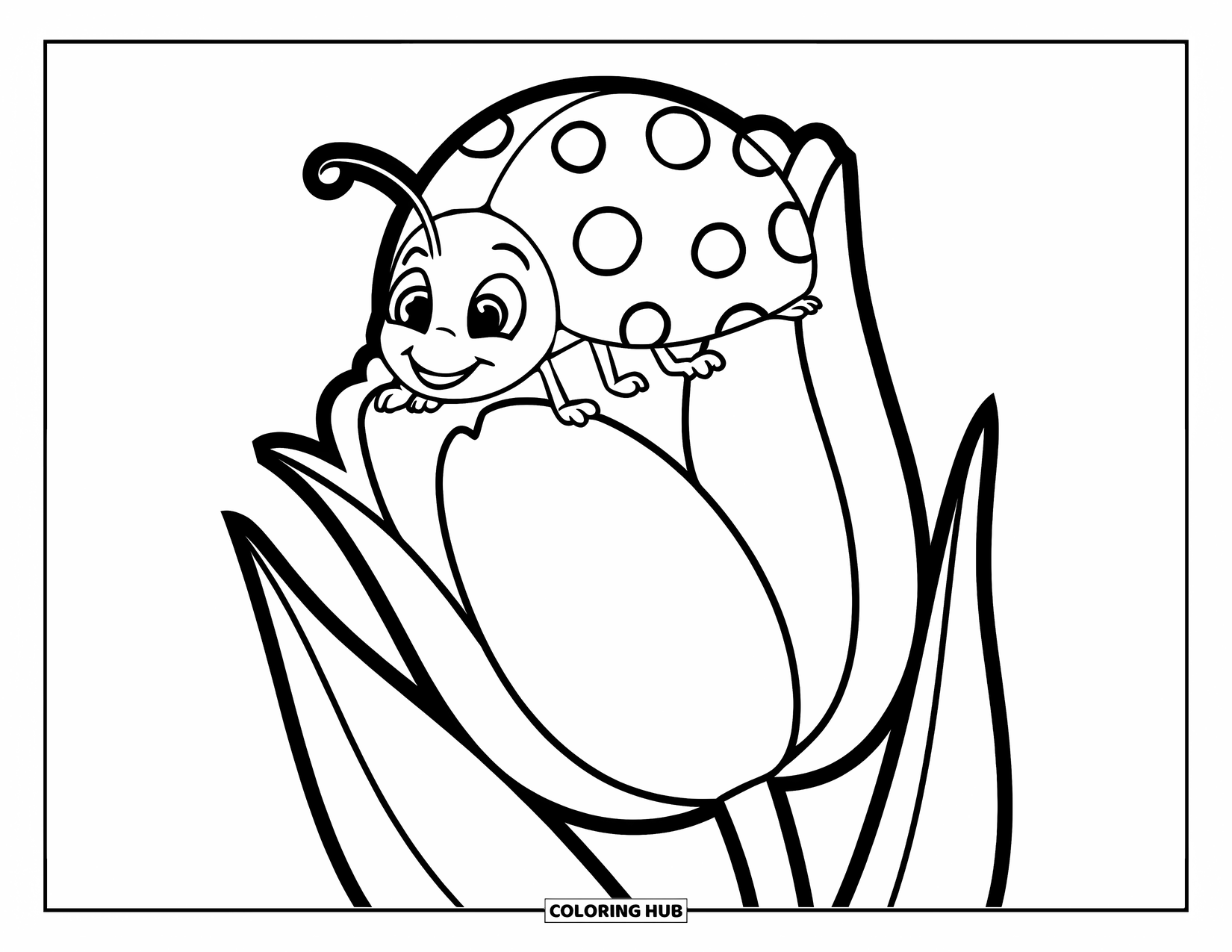 Lady Bug Coloring Page for Kids: Ladybug rests on a tulip with cheerful, bold outlines