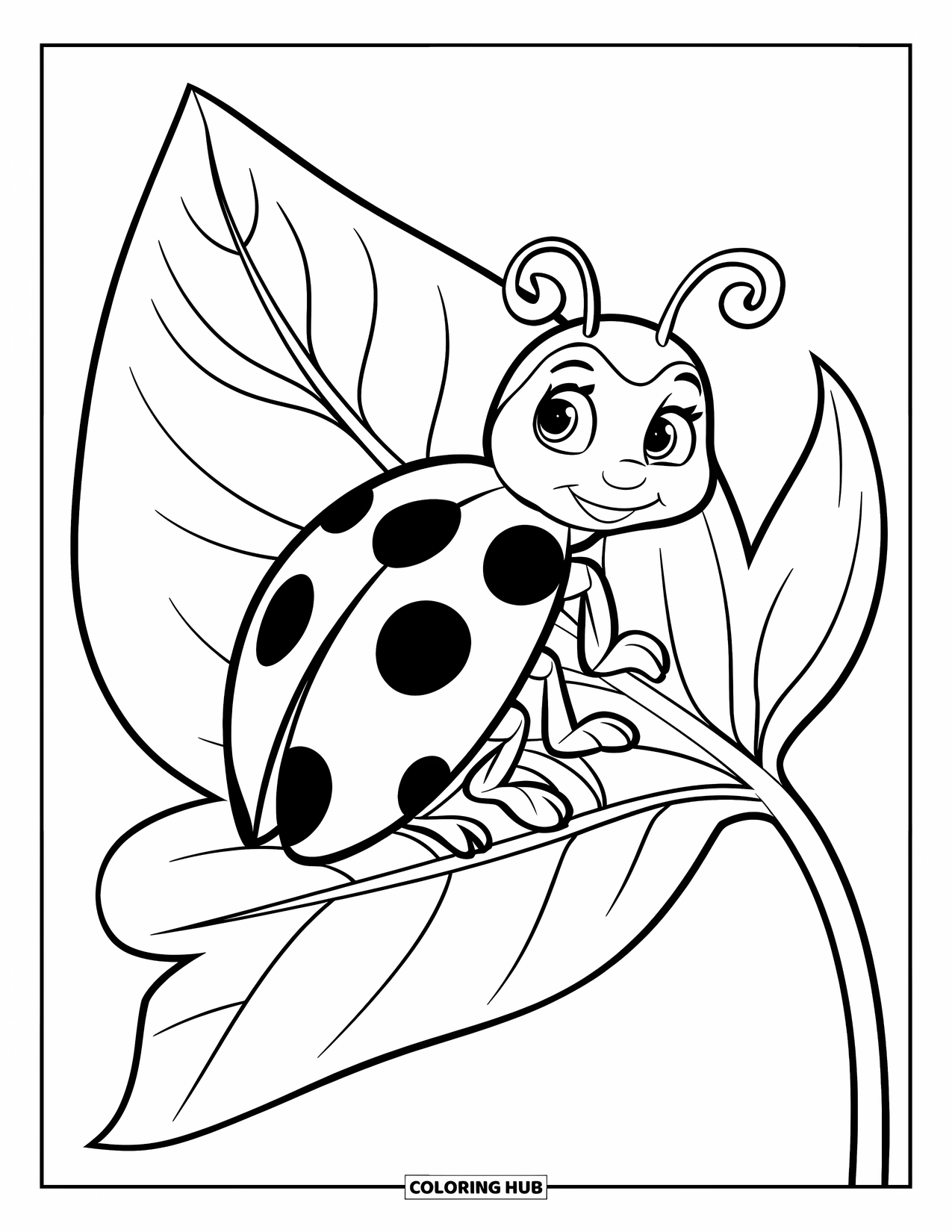 Lady Bug Coloring Page for Kids: Ladybug rests on a veined leaf with a gentle, playful vibe
