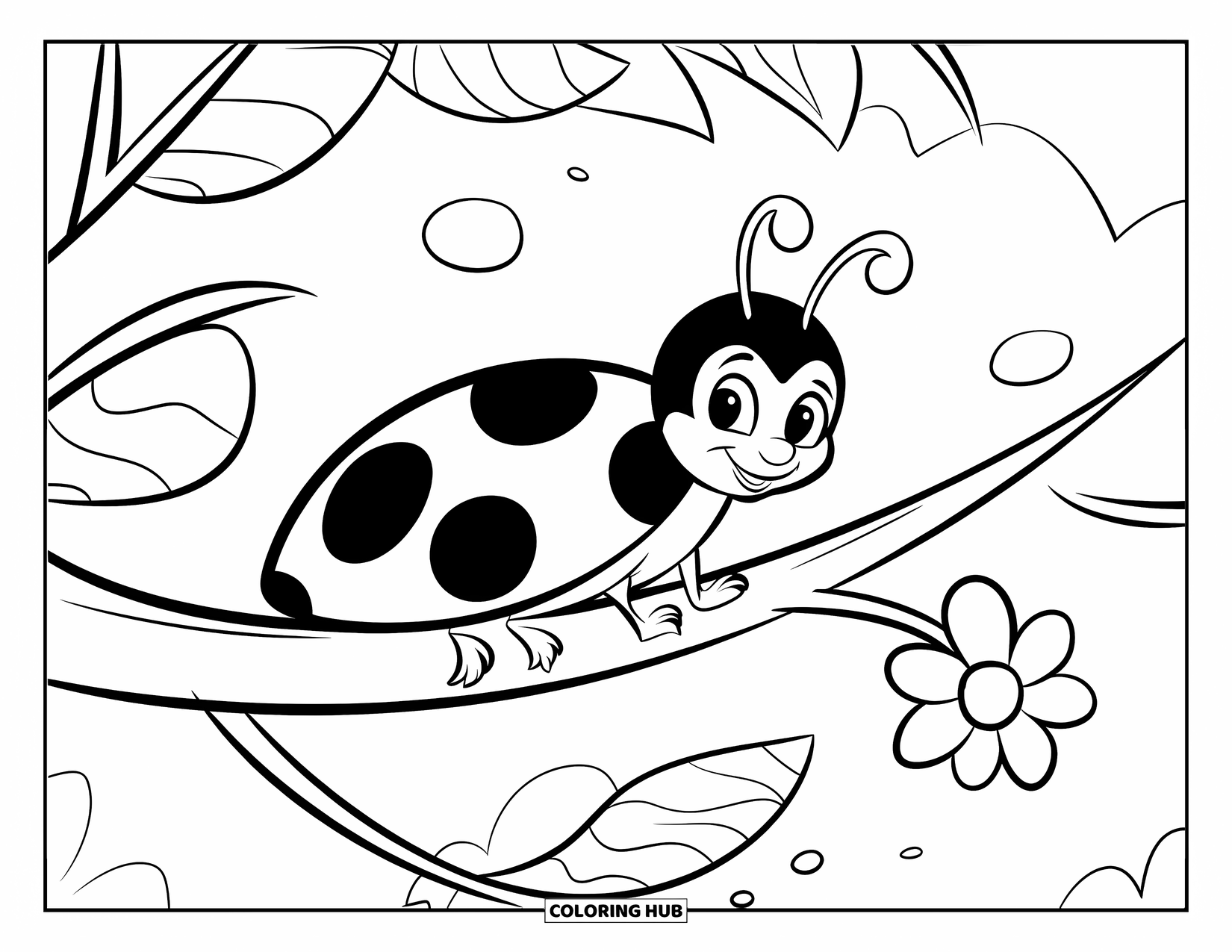 Lady Bug Coloring Page for Kids: Ladybug sits on a branch beside a flower and a few leafy shapes