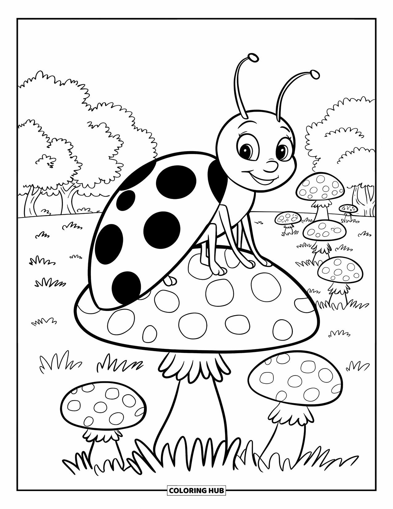 Lady Bug Coloring Page for Kids: Ladybug sits on a mushroom in a wide field with trees behind