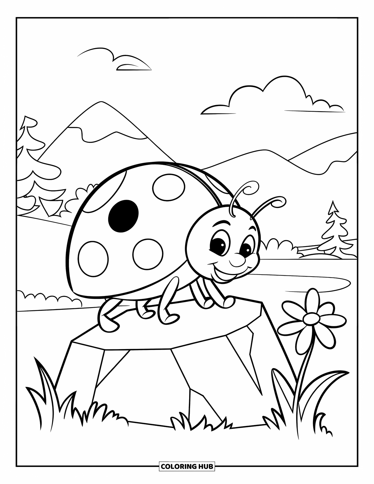 Lady Bug Coloring Page for Kids: Ladybug walks across a rock under blue skies and fluffy clouds