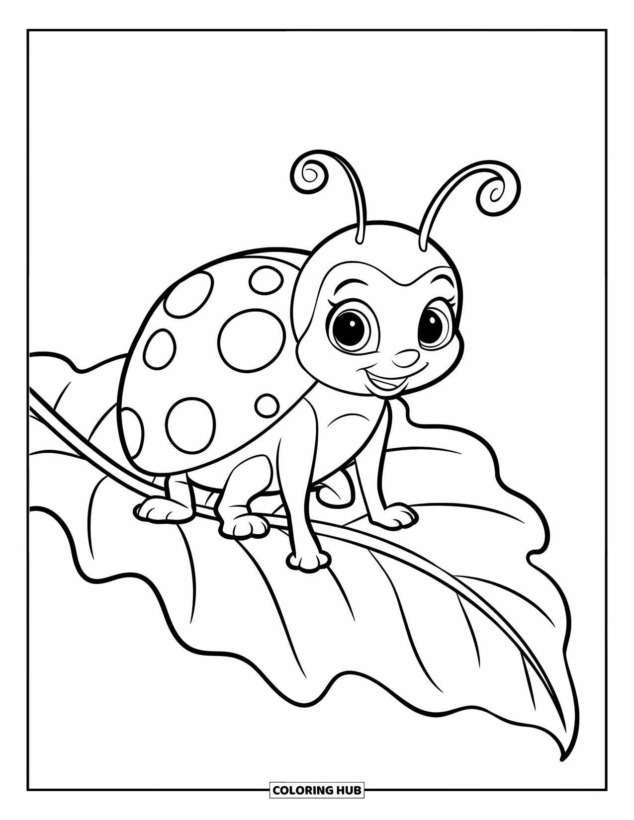 Lady Bug Coloring Page for Kids: Ladybug with big eyes sits on a large wavy-edged leaf