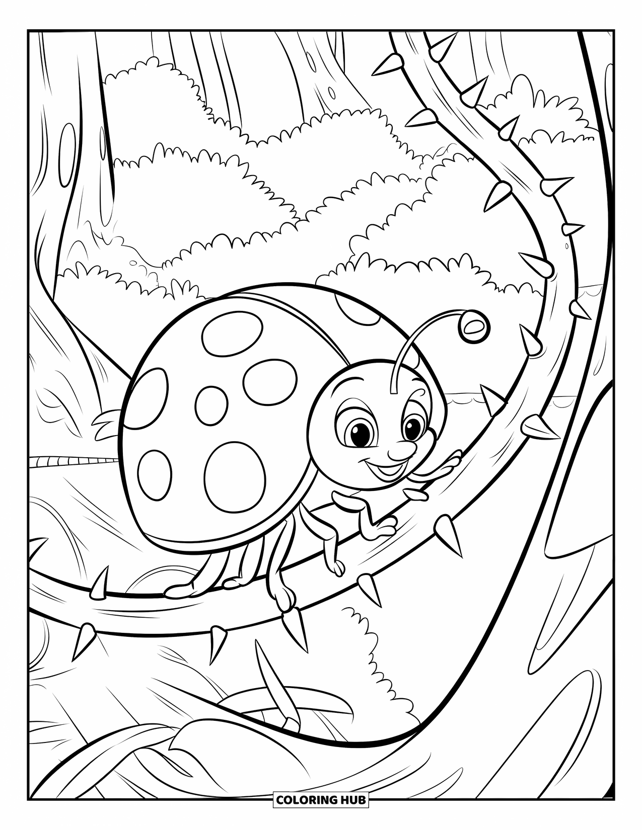 Lady Bug Coloring Page for Kids: Ladybug with big eyes travels a winding vine through the forest