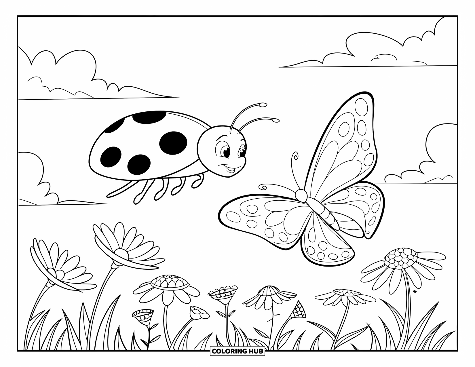 Lady Bug Coloring Page for Kids: Ladybug zips past a butterfly above a patch of wildflowers