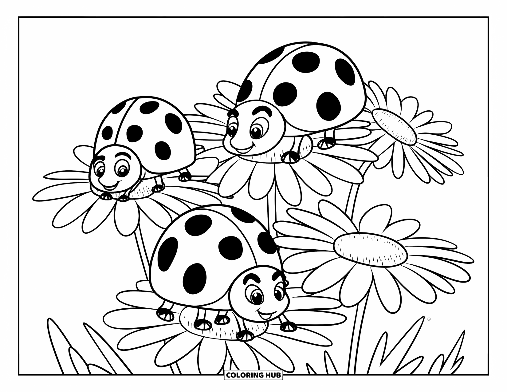 Lady Bug Coloring Page for Kids: Ladybugs lie, sit, and stand on blooming daisies with large petals