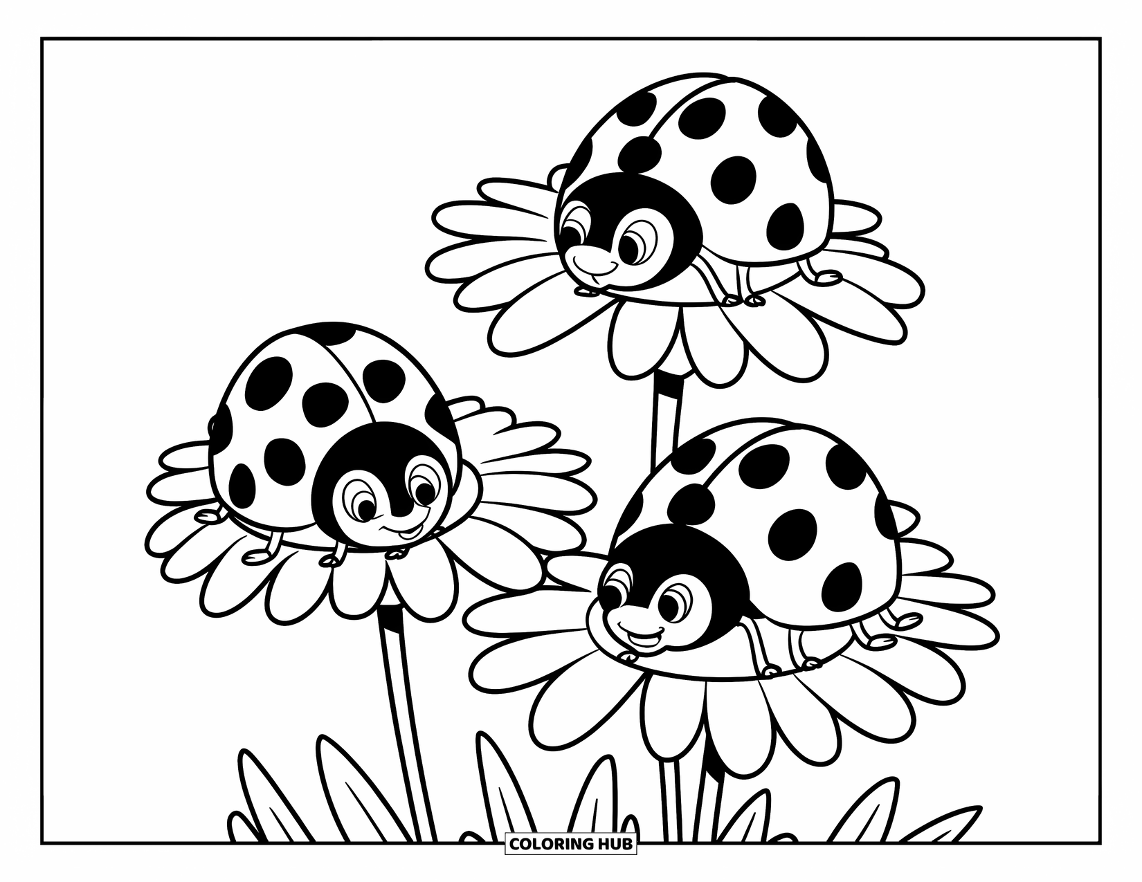 Lady Bug Coloring Page for Kids: Ladybugs sit, stand, and hover around a cluster of daisies