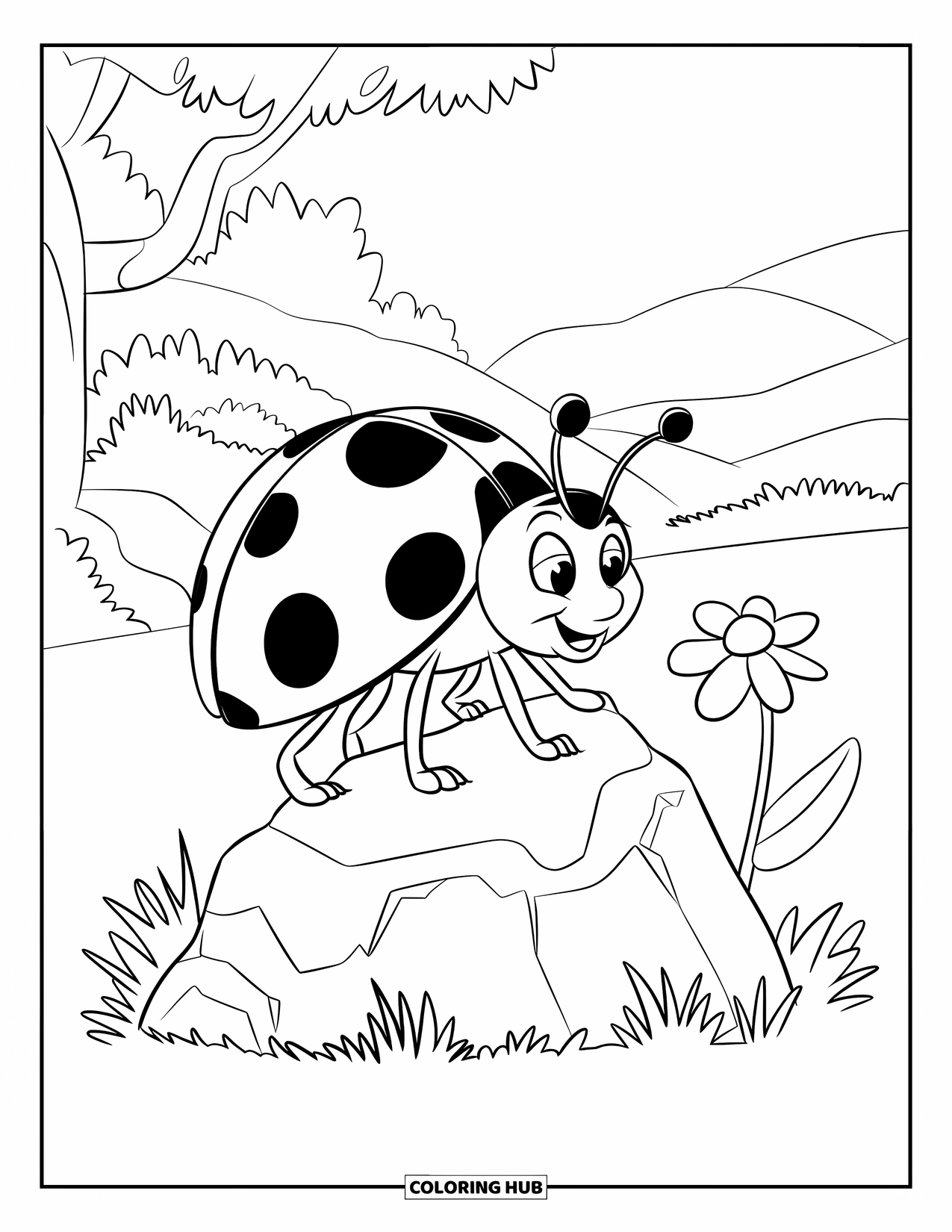 Lady Bug Coloring Page for Kids: Large ladybug strolls a rock near trees, mountains, and a flower